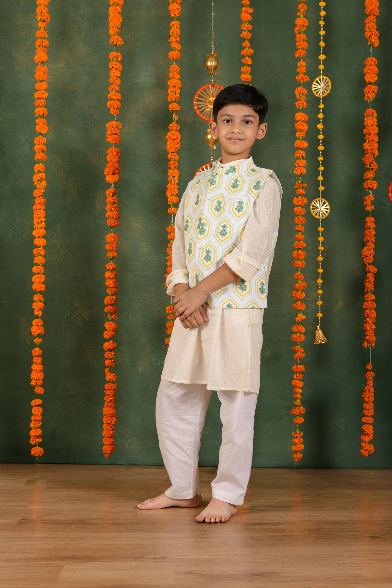 Geo Bloom Jacket & White Dobby Kurta Set