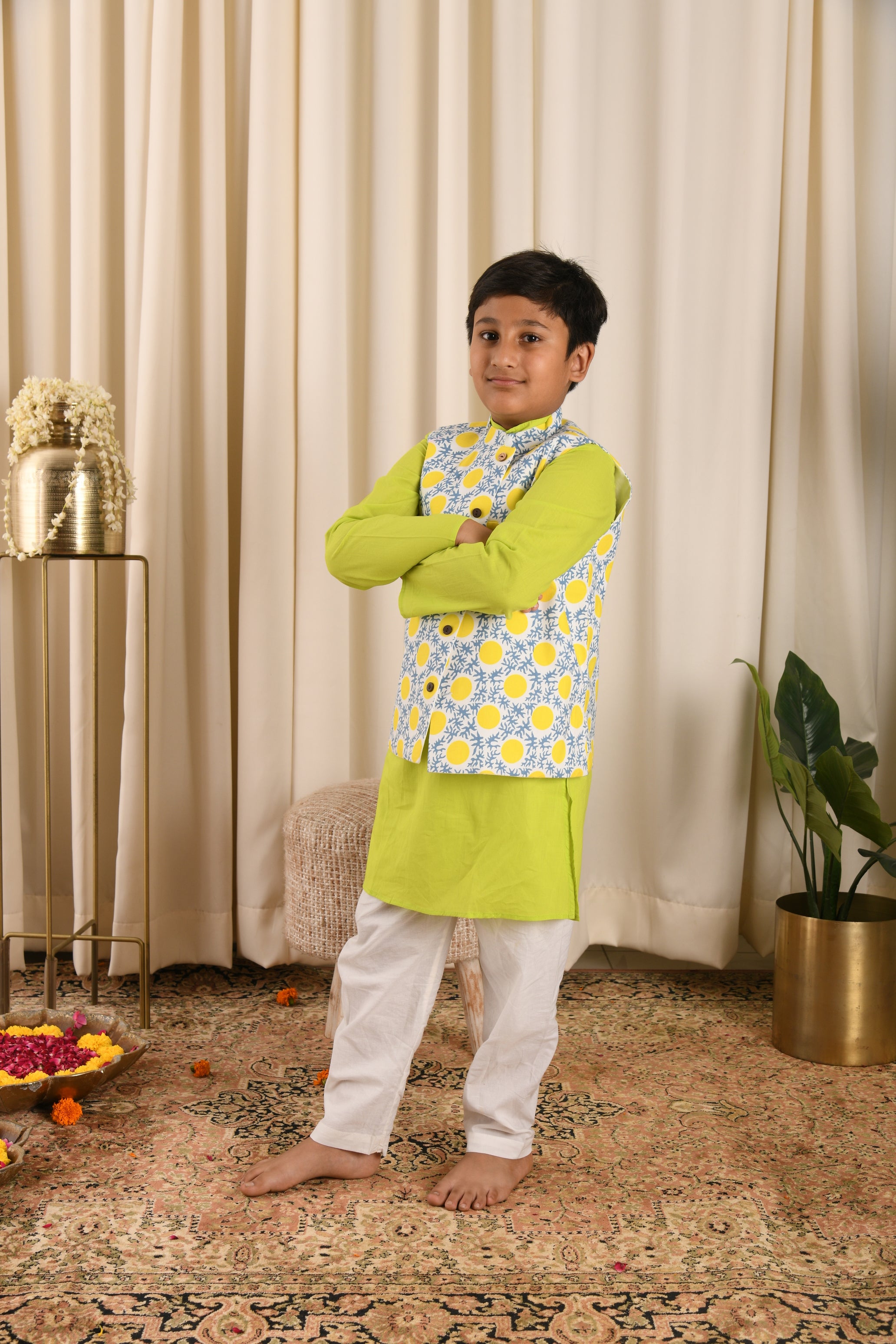 Sun Coral Jacket & Neon Mist Kurta Set