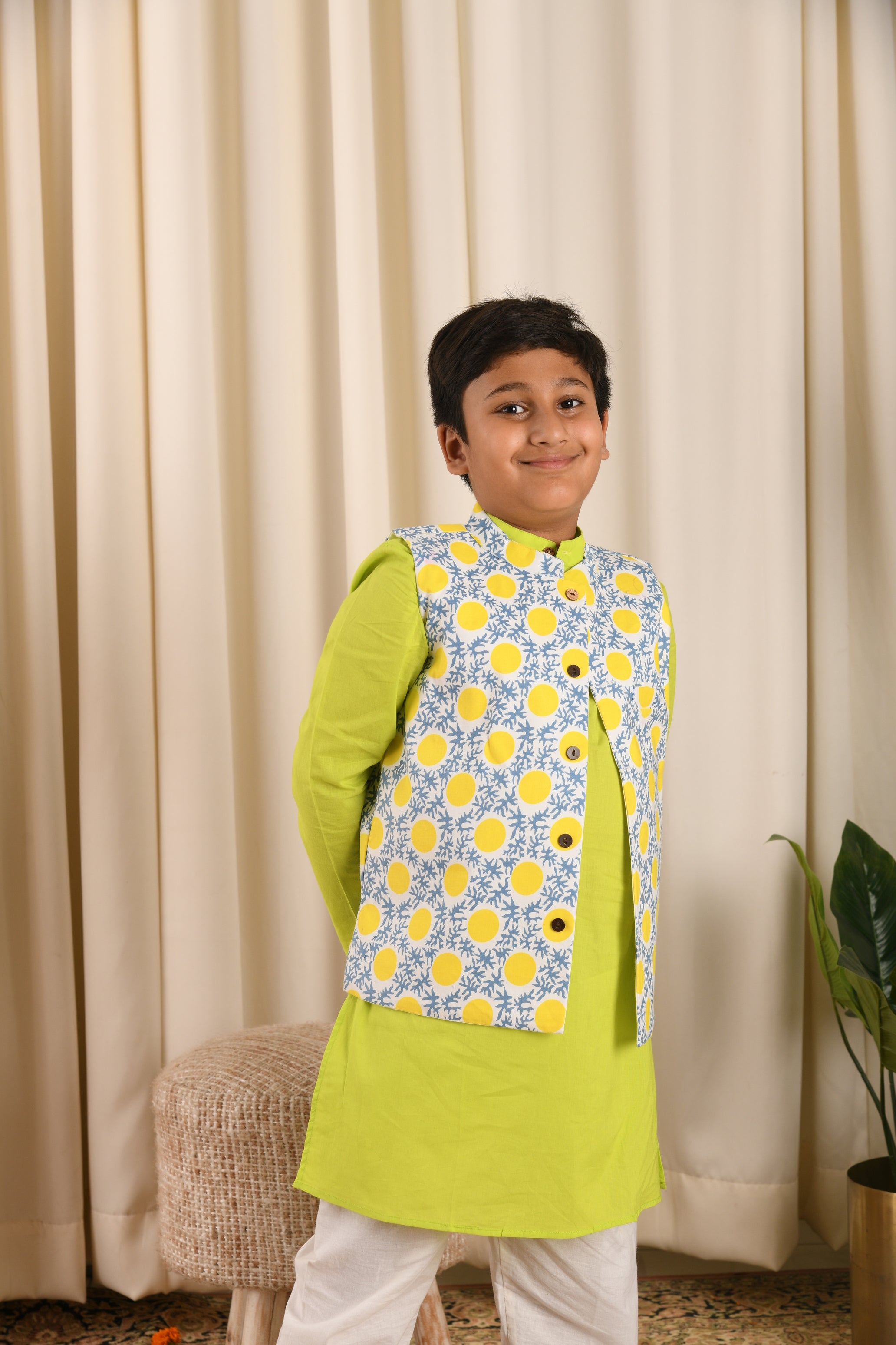 Sun Coral Jacket & Neon Mist Kurta Set