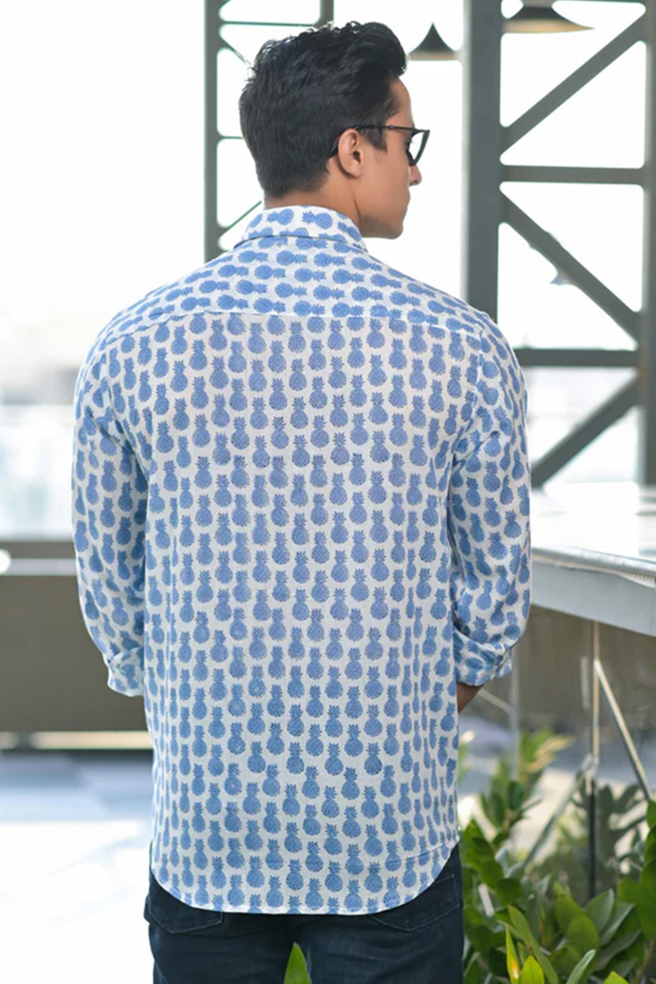 Shirt Full Sleeve Pineapple White Blue