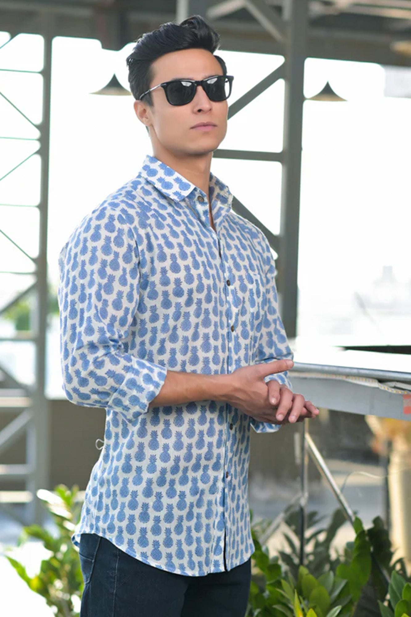 Shirt Full Sleeve Pineapple White Blue
