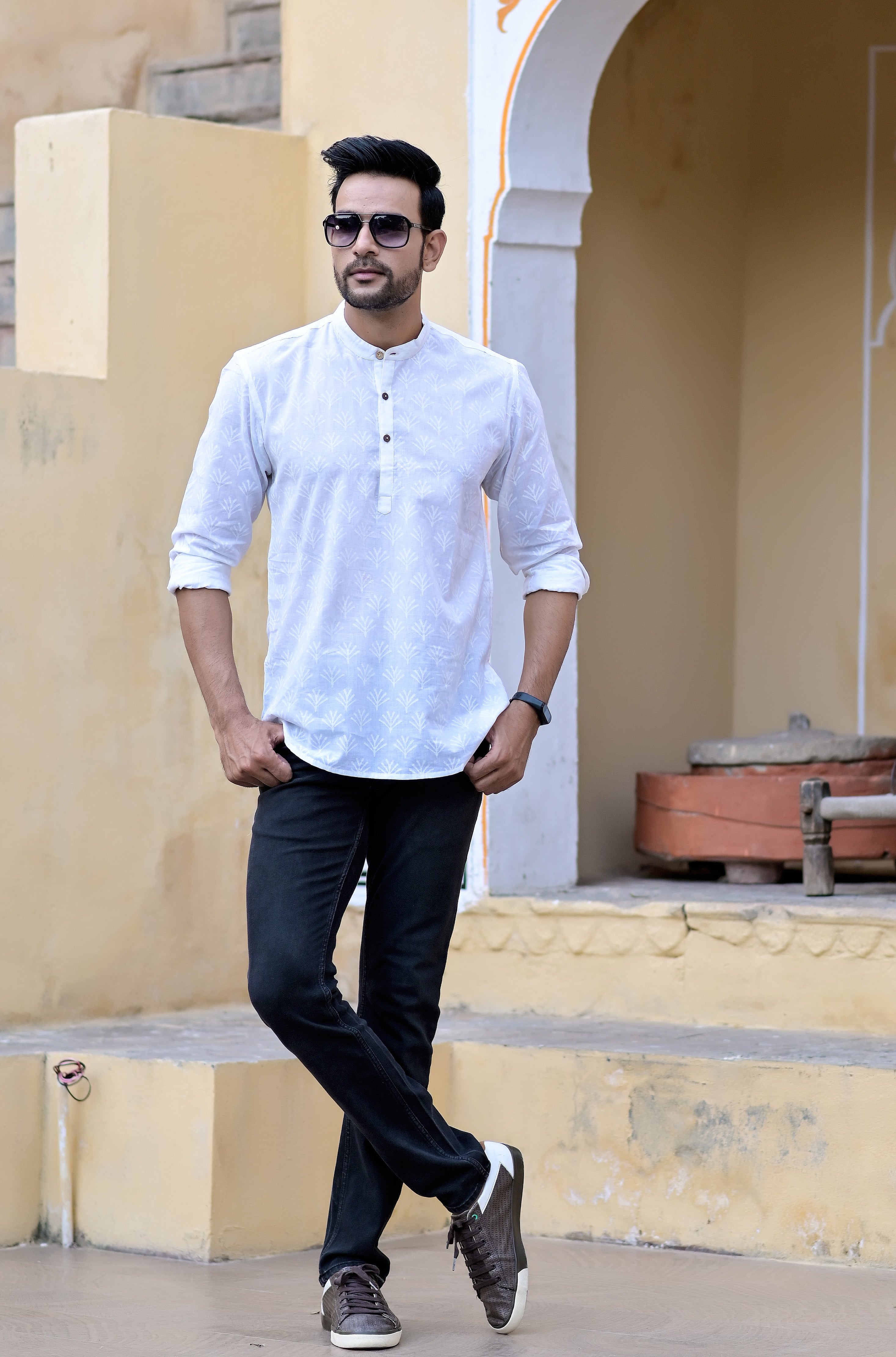 Kurta Short Mens White On White