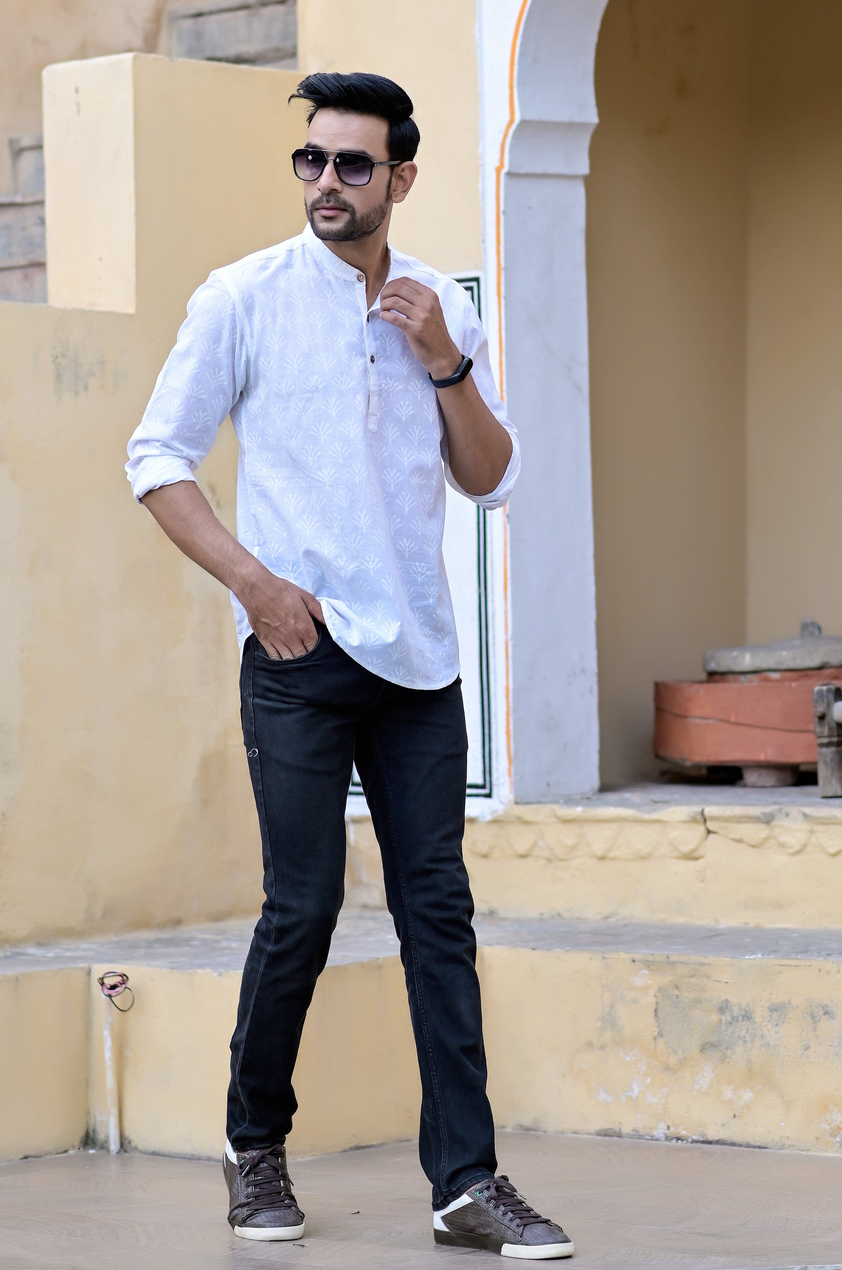 Kurta Short Mens White On White