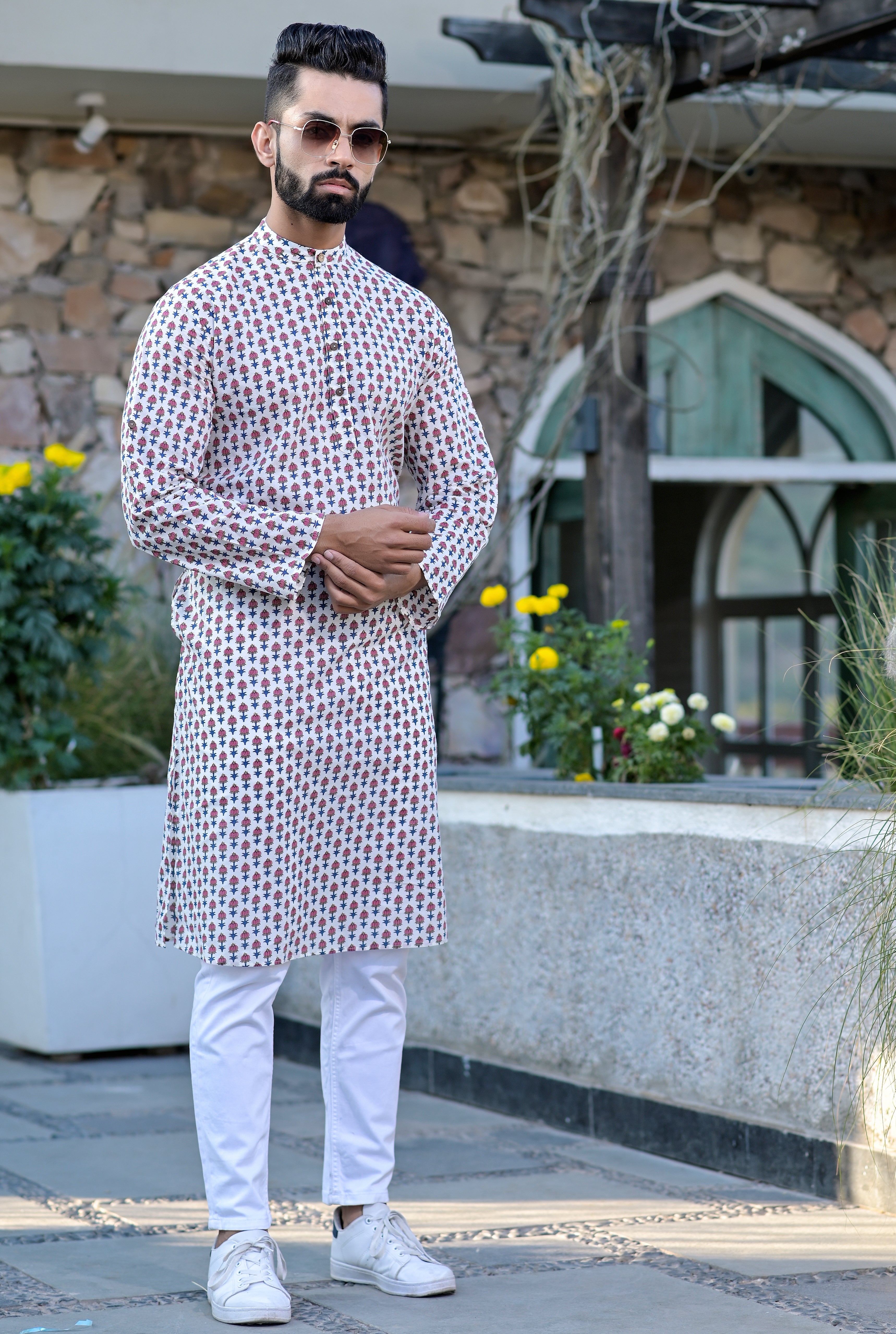 Mens Pink Motifs Long Kurta