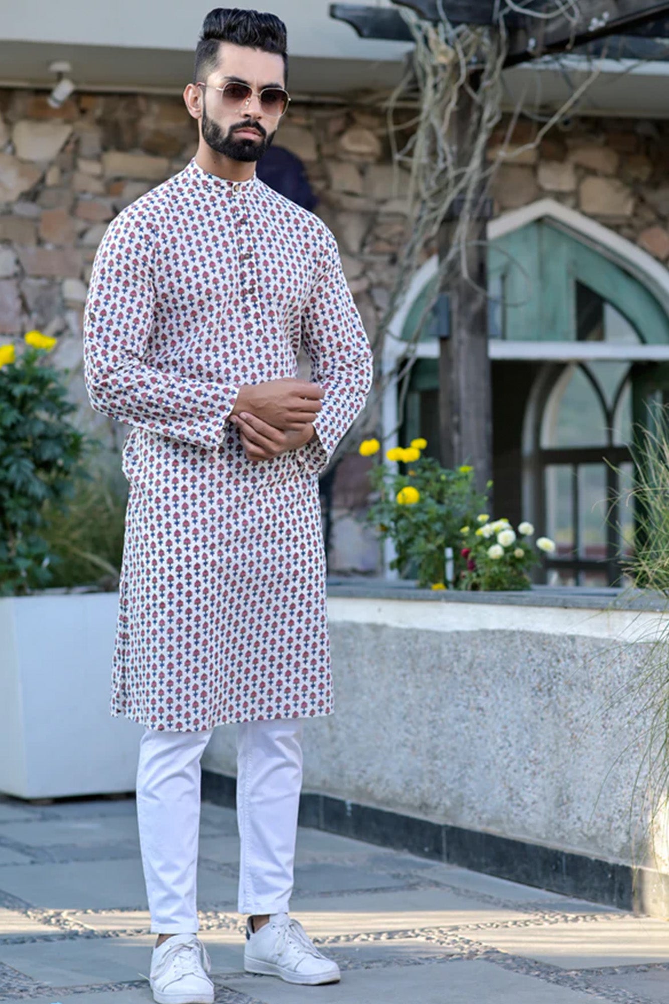 Mens Pink Motifs Long Kurta