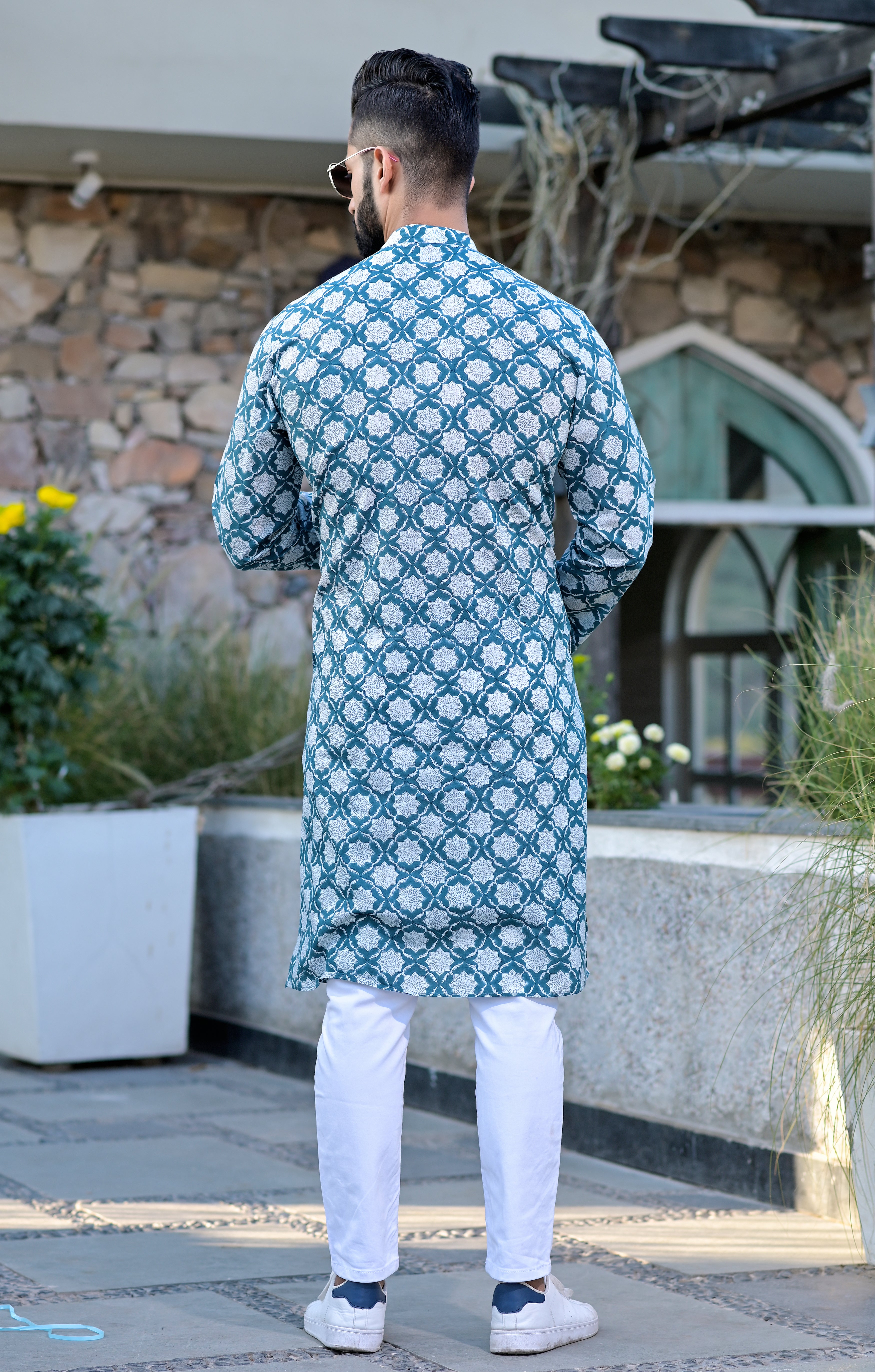 Kurta Long Mens Geometric Turq