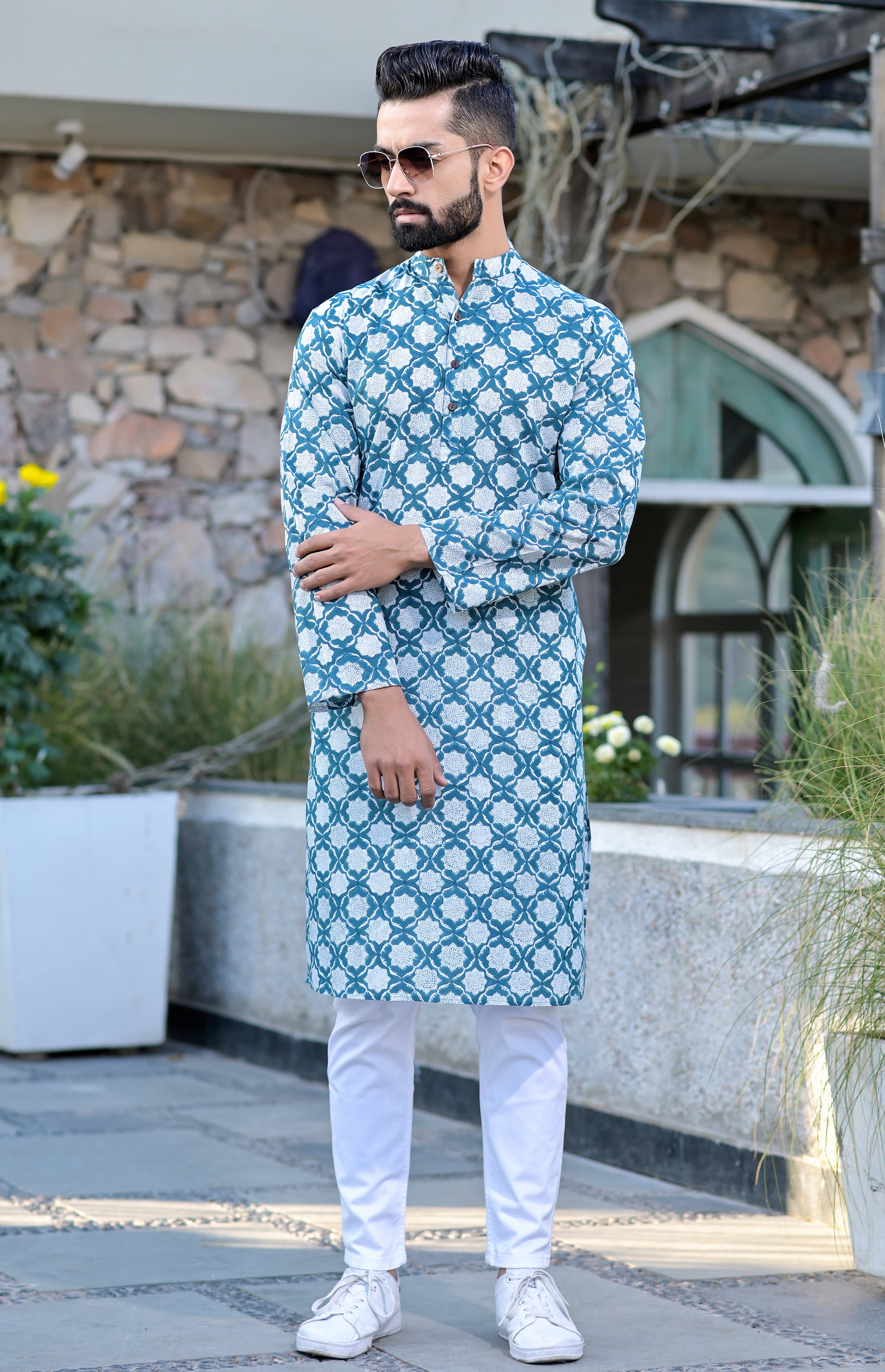 Kurta Long Mens Geometric Turq