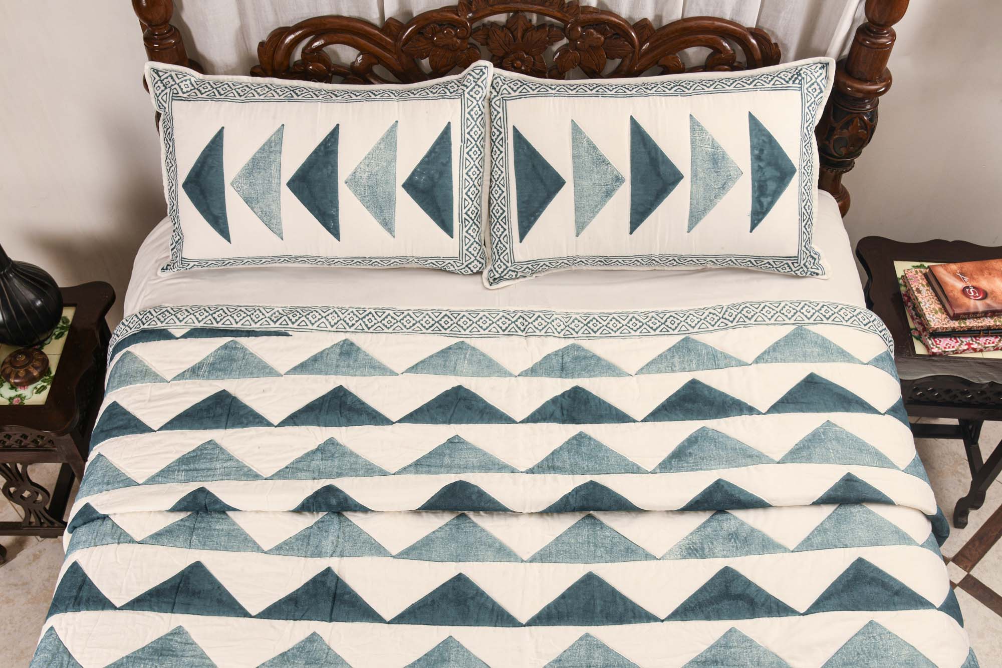 Blue Geo-triangle Quilted Bedcover