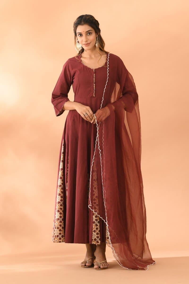 Dress Women Kalidar Wine With Dupatta