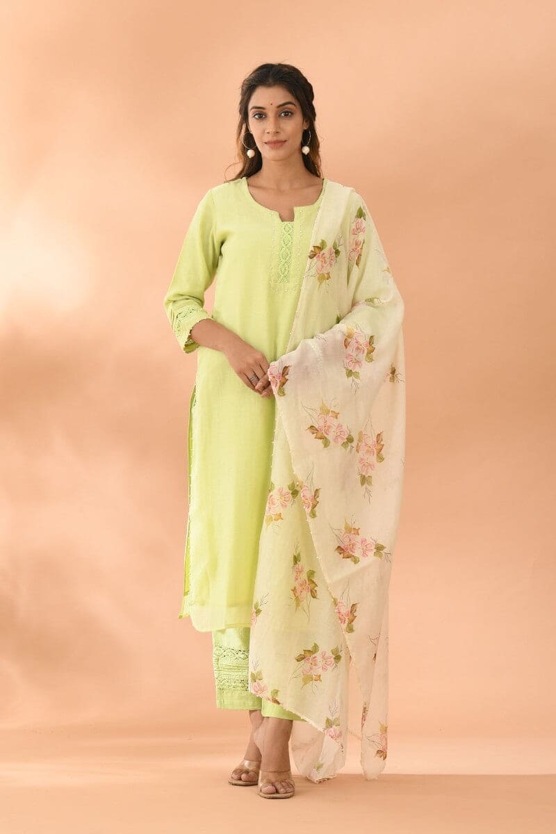 Suit Set Womens Green Chanderi Plain S/3