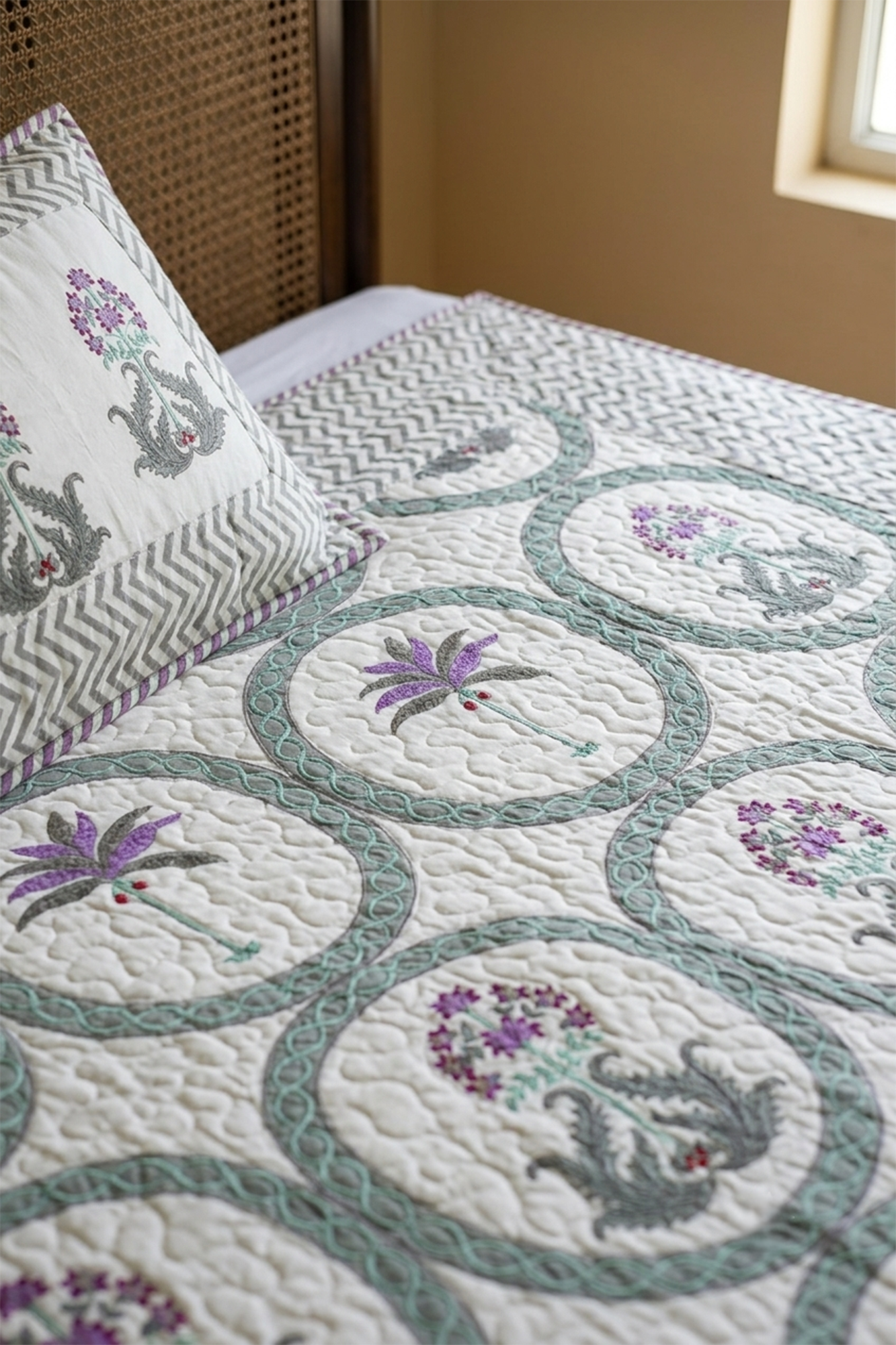 Lavender Motifs Bed Cover With 2 Pillow Covers