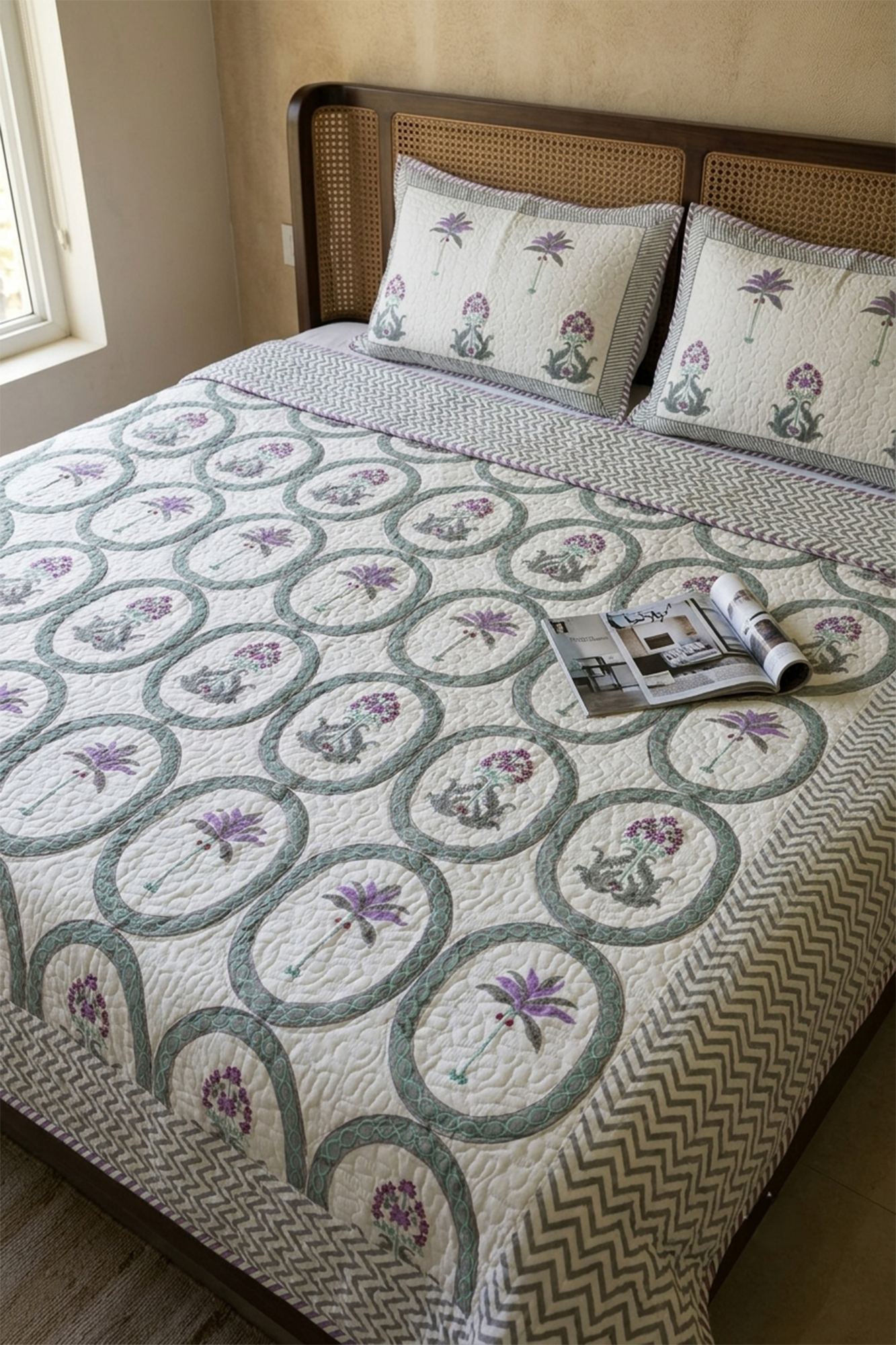 Lavender Motifs Bed Cover With 2 Pillow Covers