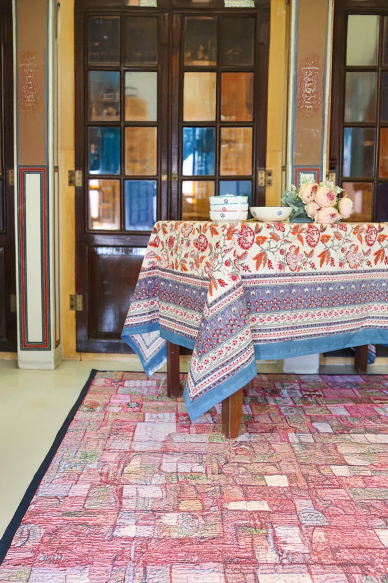 Table Cover Block Printed Orange Blue