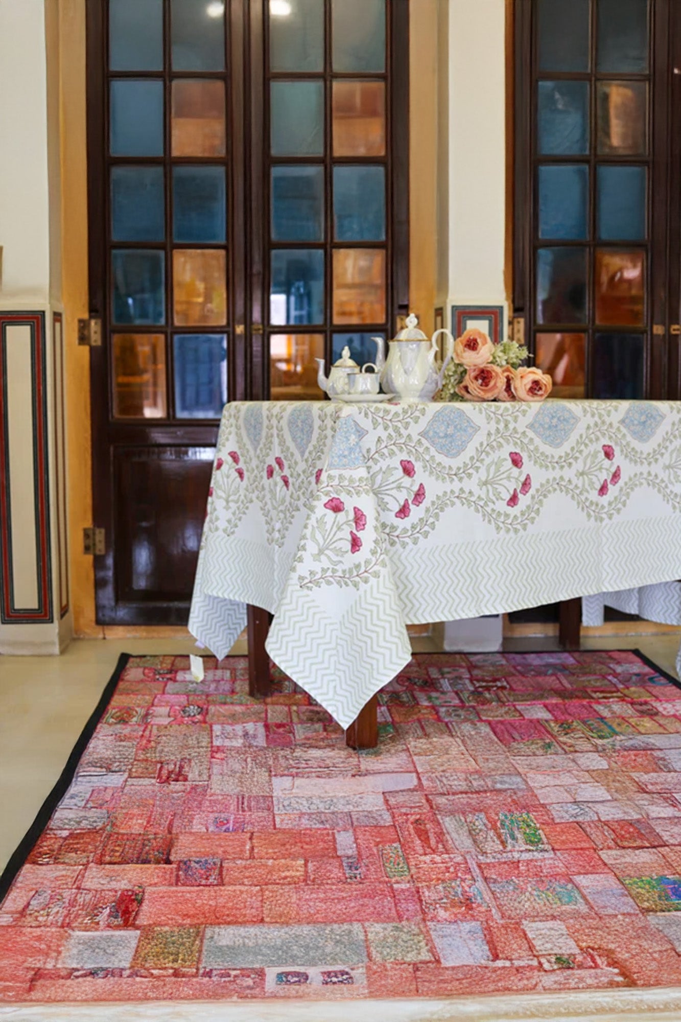 Table Cover Block Printed Pink Blue