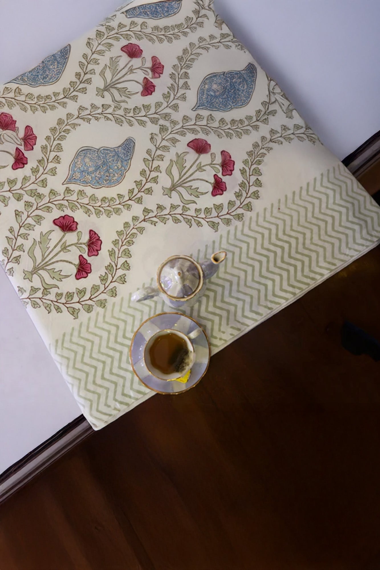 Table Cover Block Printed Pink Blue