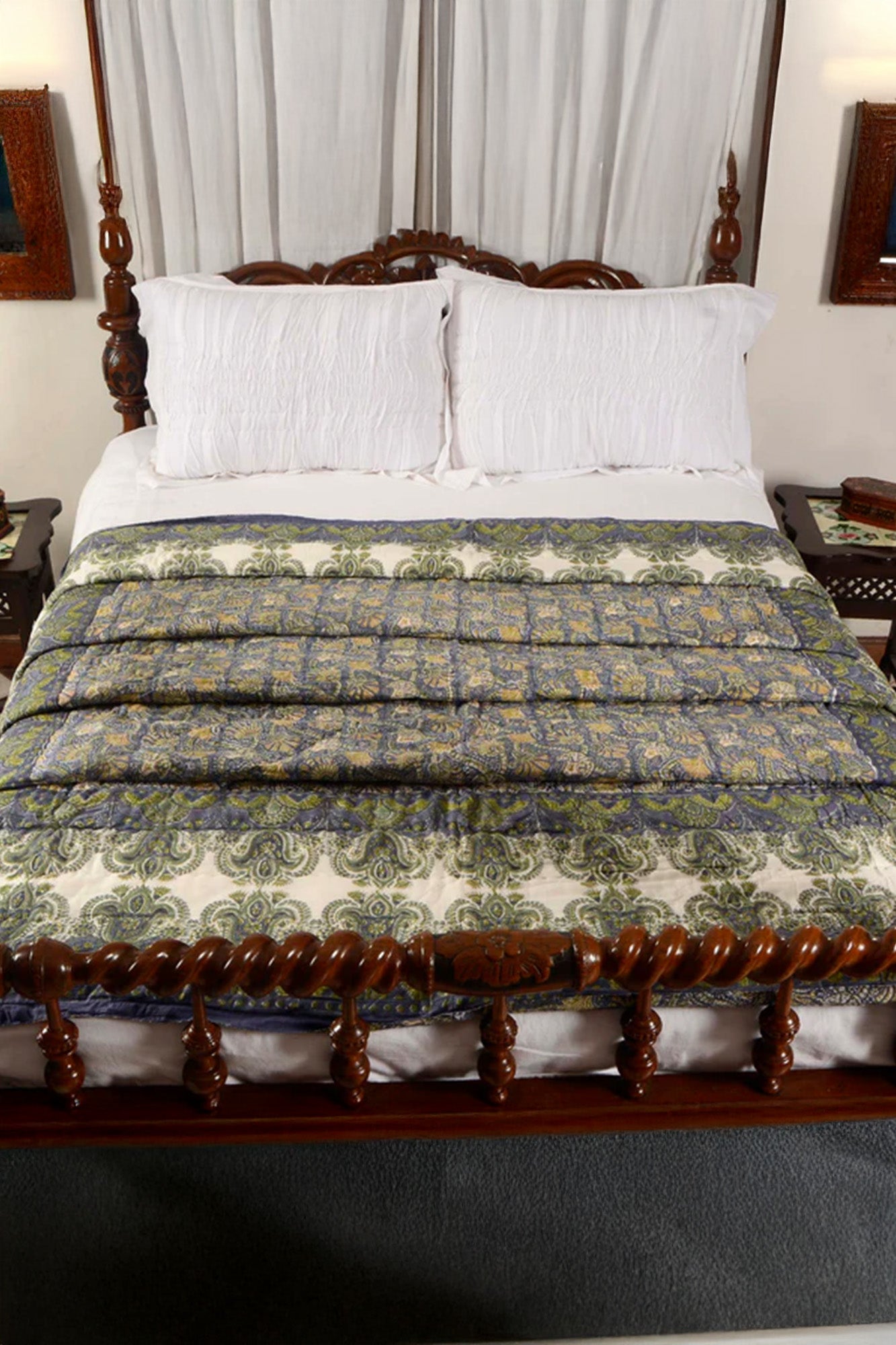 Green Block Printed Razai
