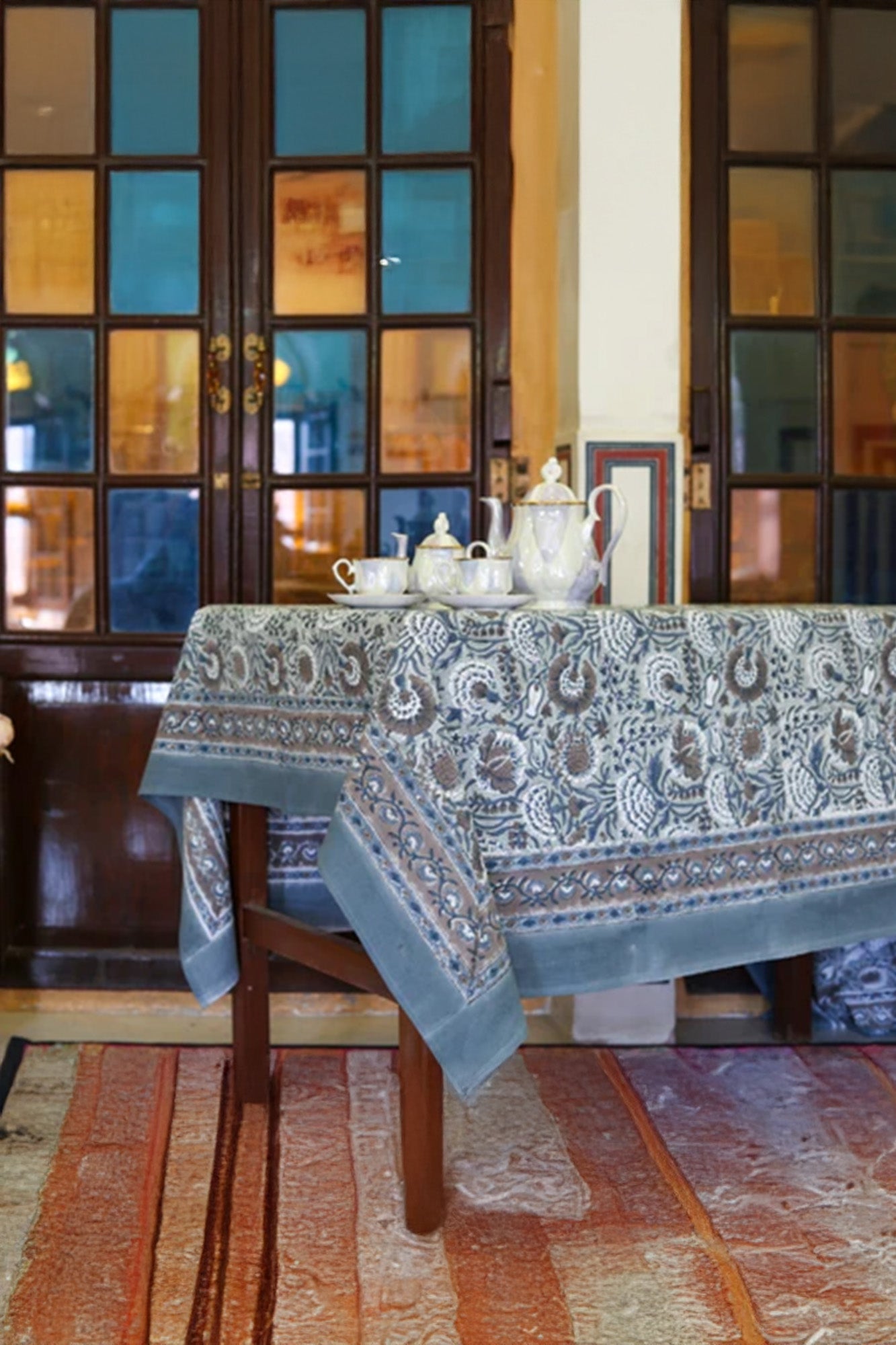 Table Cover Block Printed Blue