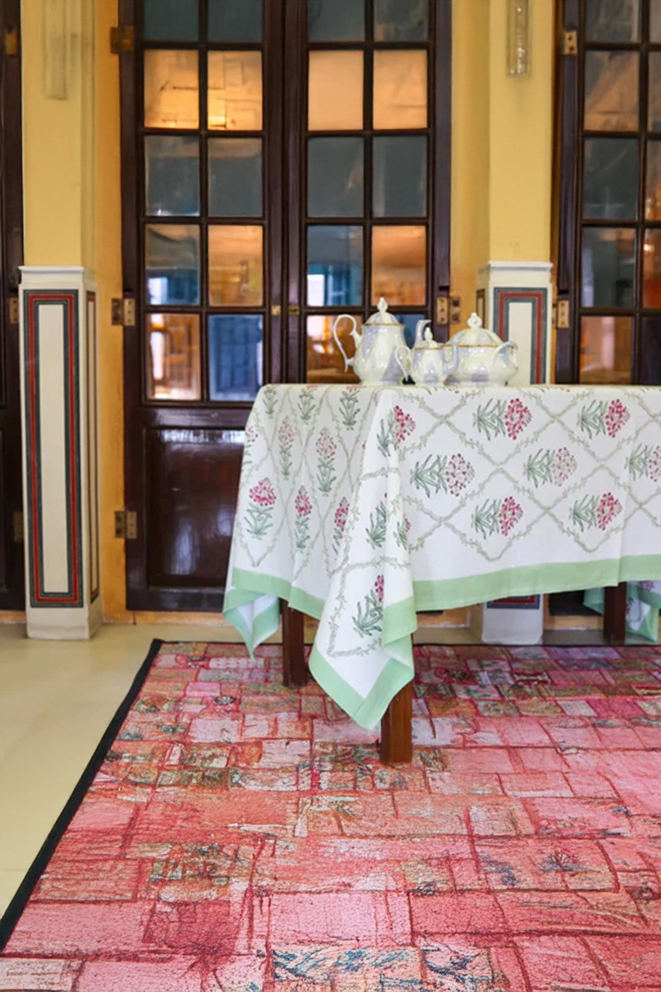 Table Cover Block Printed Green Pink