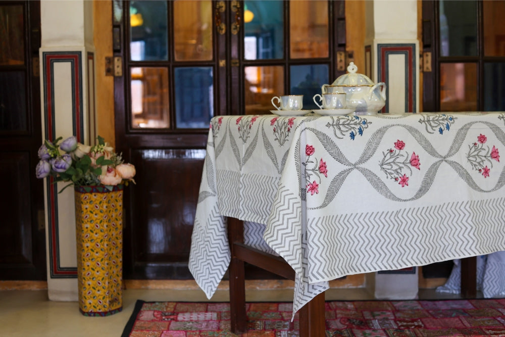 Table Cover Block Printed Grey Pink