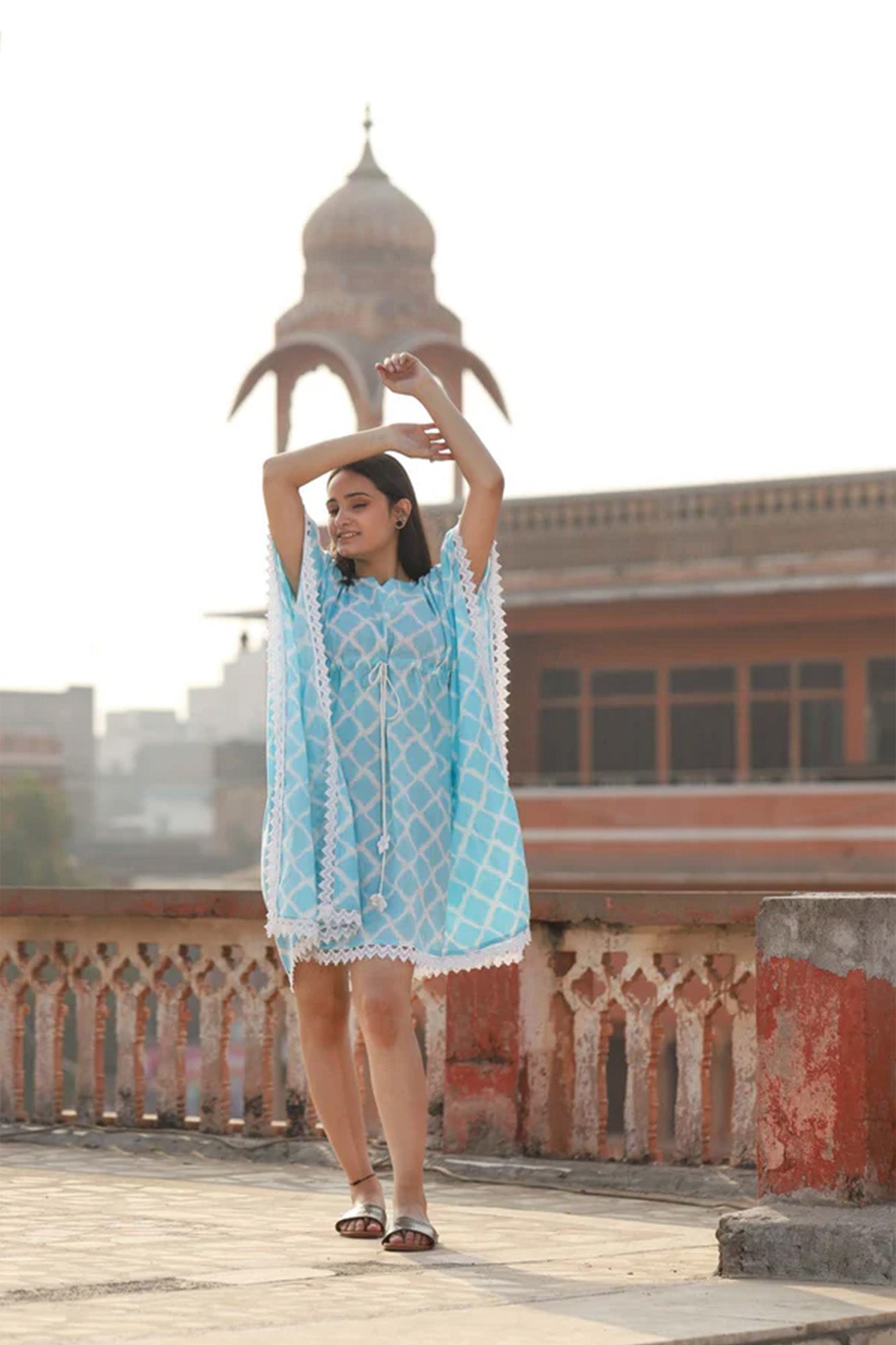 Kaftan Short Women Sky Blue Diamond