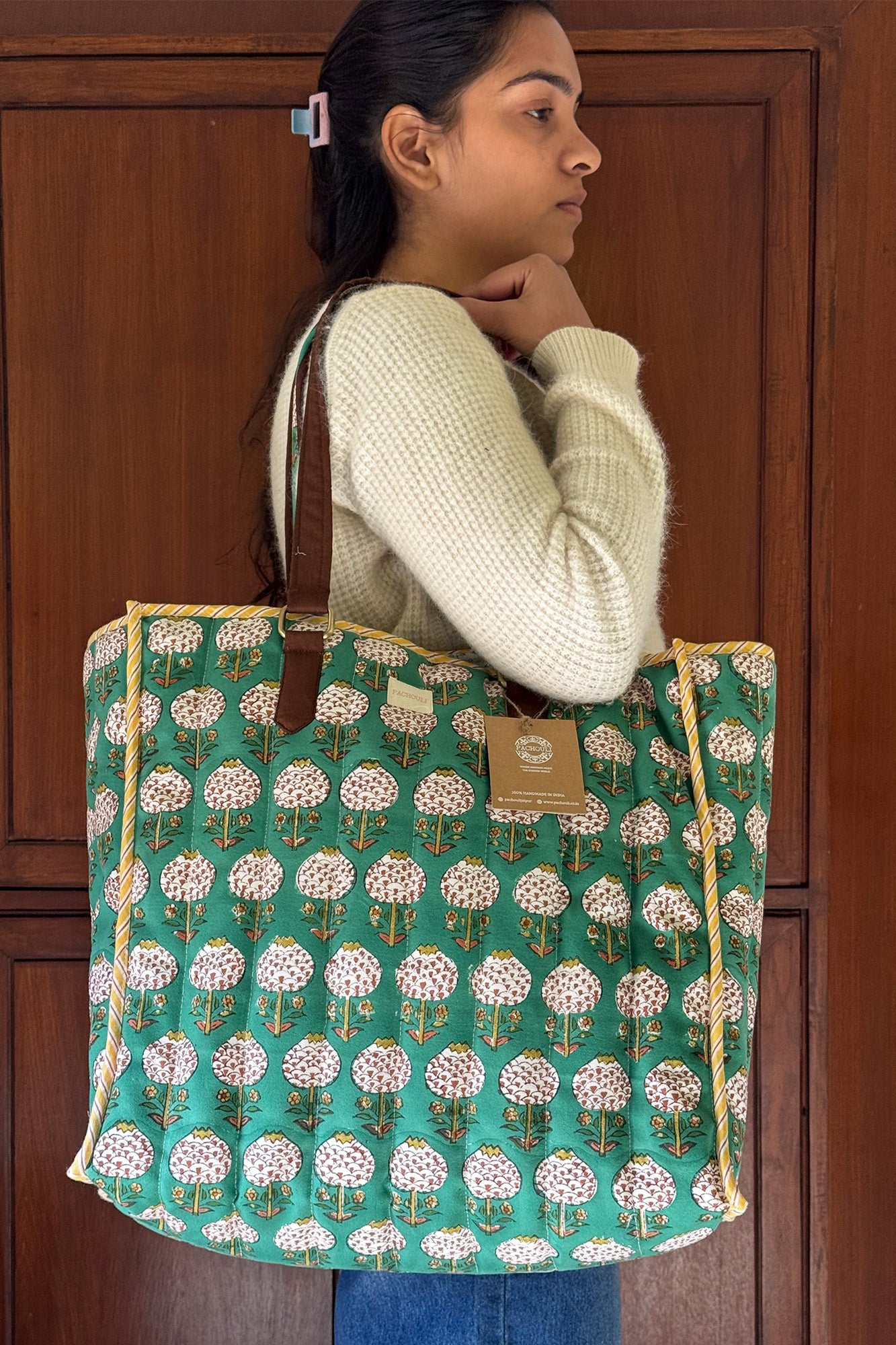 Green Pomegranate Quilted  Reversible Tote Bag
