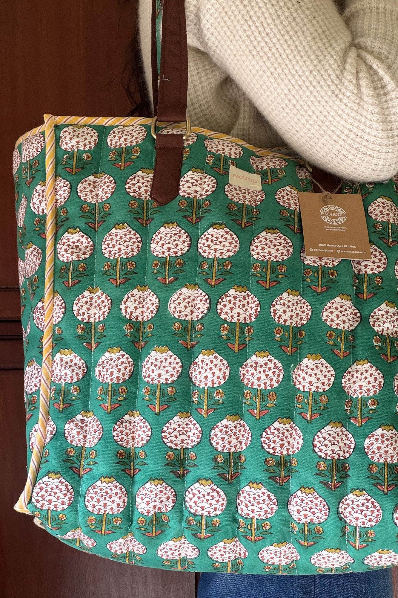 Green Pomegranate Quilted  Reversible Tote Bag