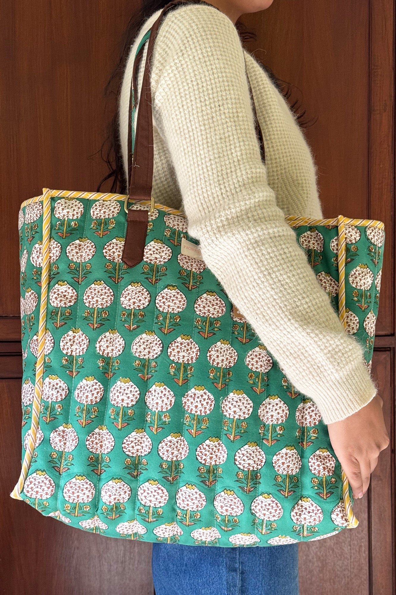 Green Pomegranate Quilted  Reversible Tote Bag