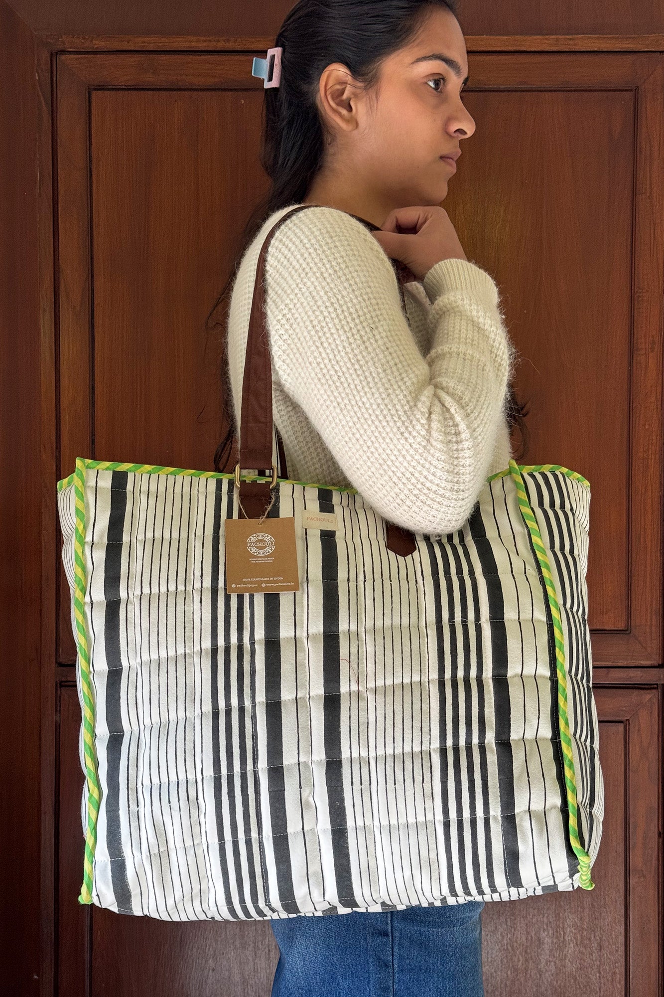 Striped Quilted Reversible Tote Bag
