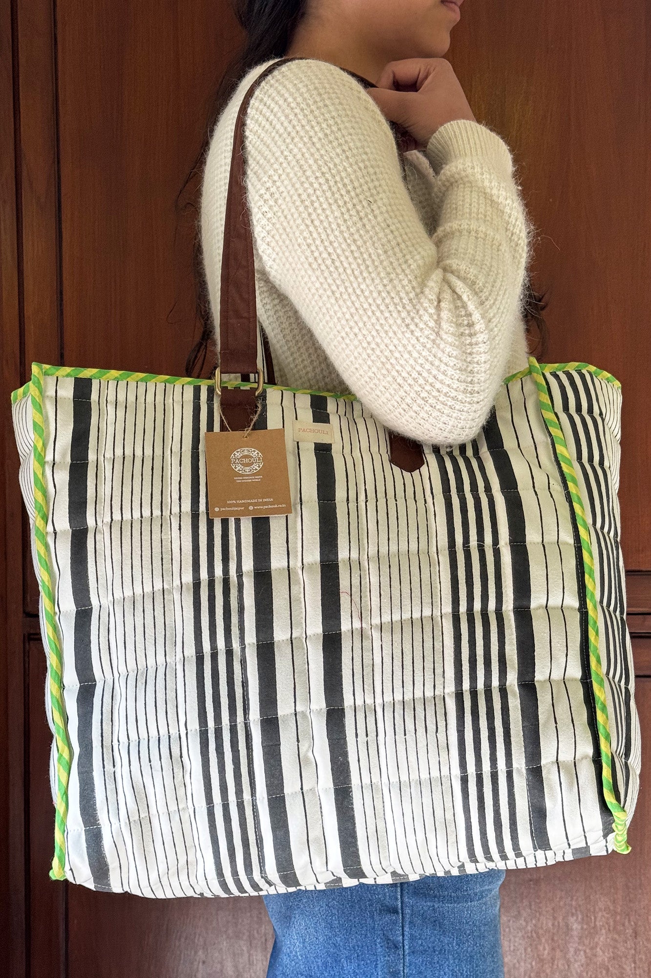 Striped Quilted Reversible Tote Bag