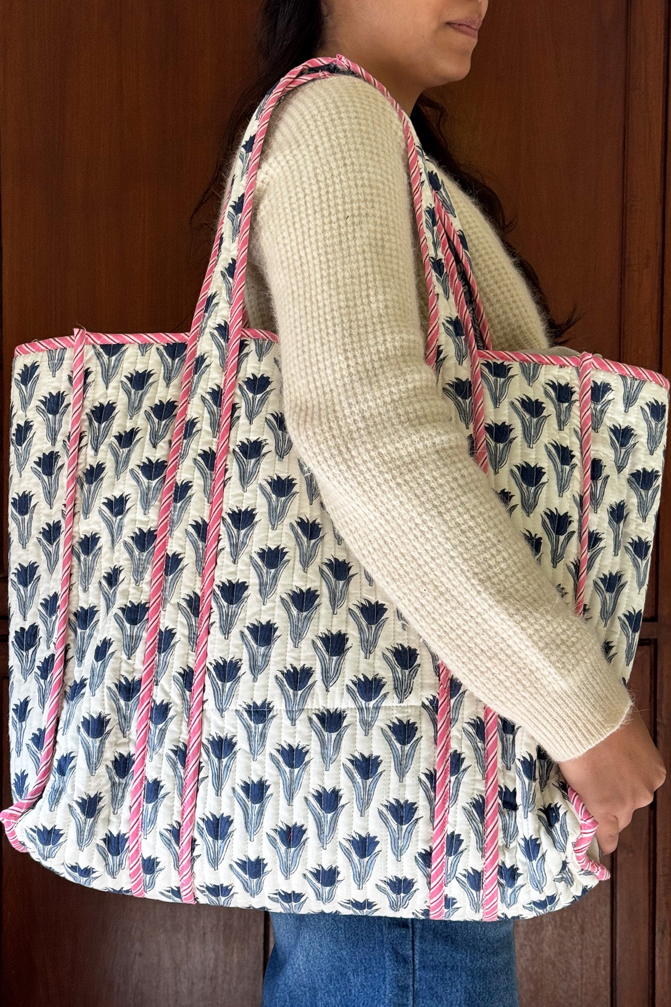 Tulip Blue Quilted Reversible Tote Bag