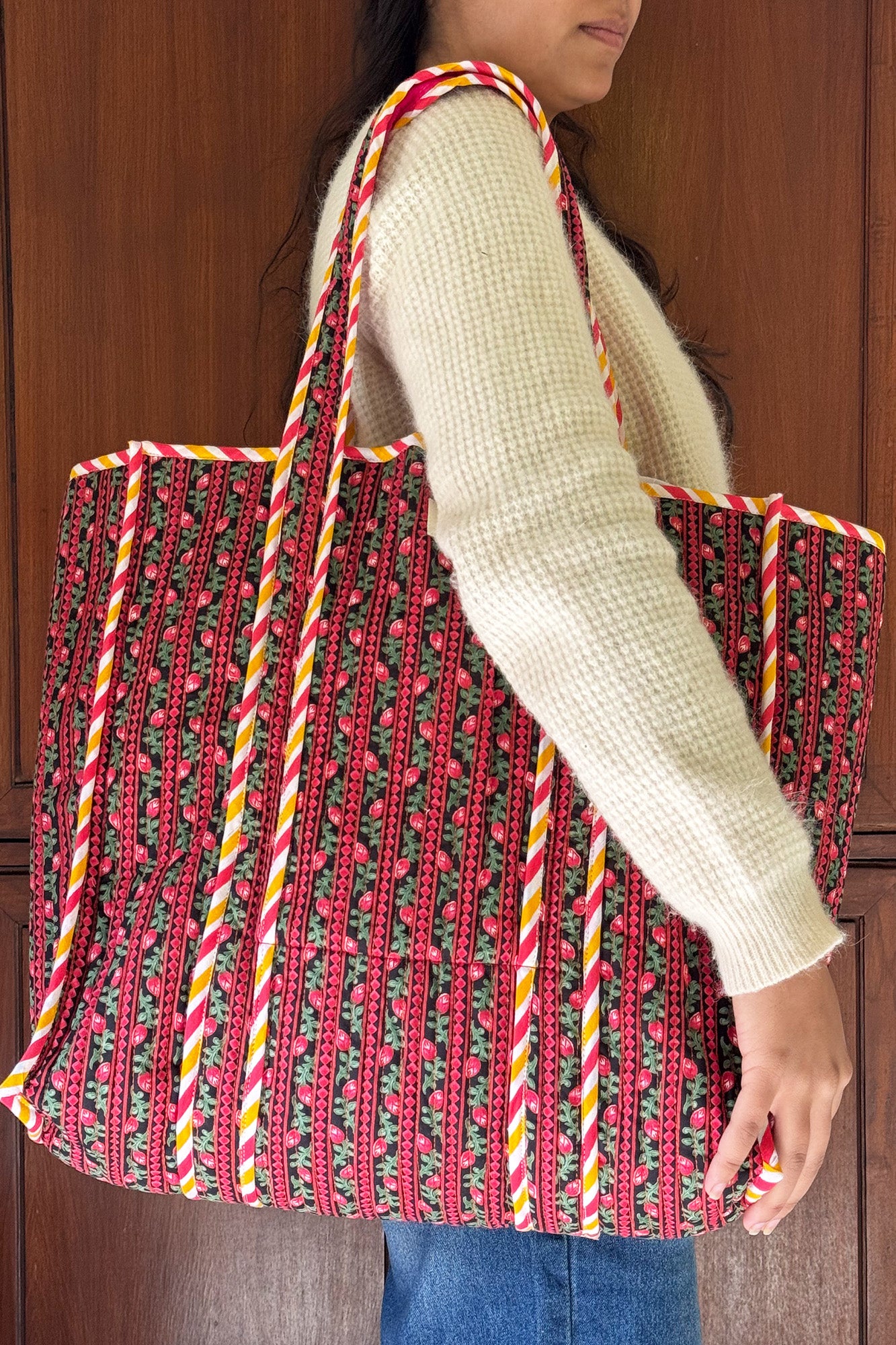 Red Blossom Quilted Reversible Tote Bag