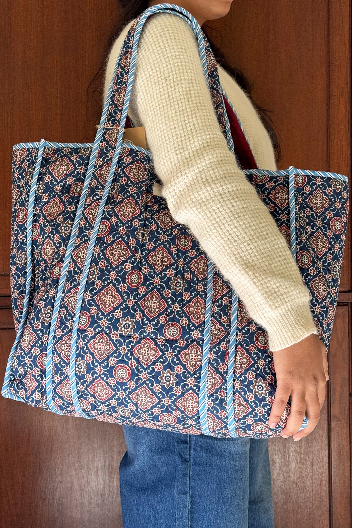 Mandala Blue Quilted Reversible Tote Bag