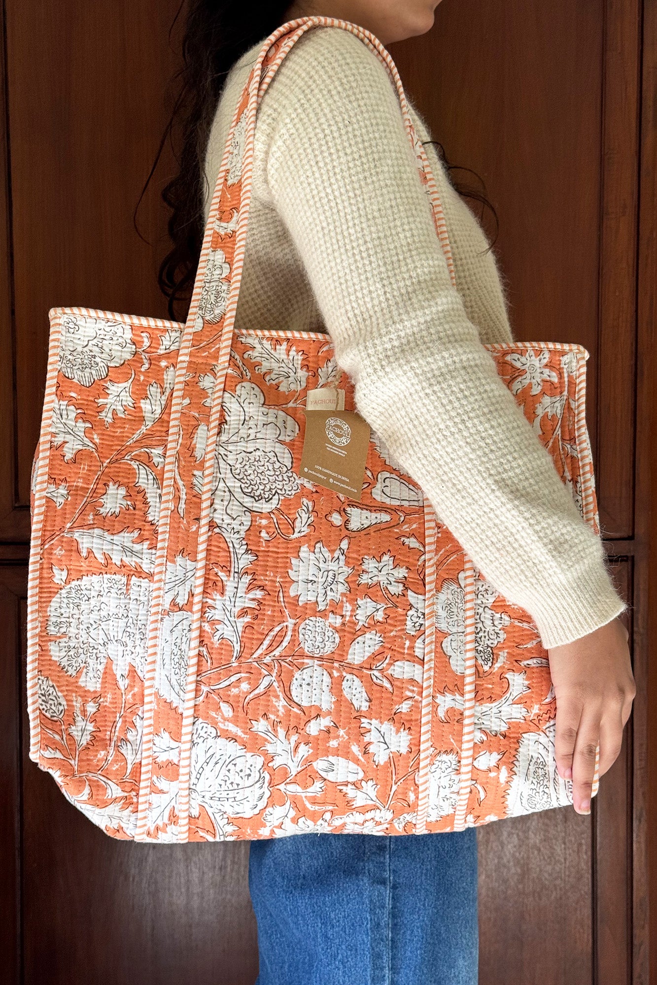 Peach Floral Jaal Quilted Tote Bag