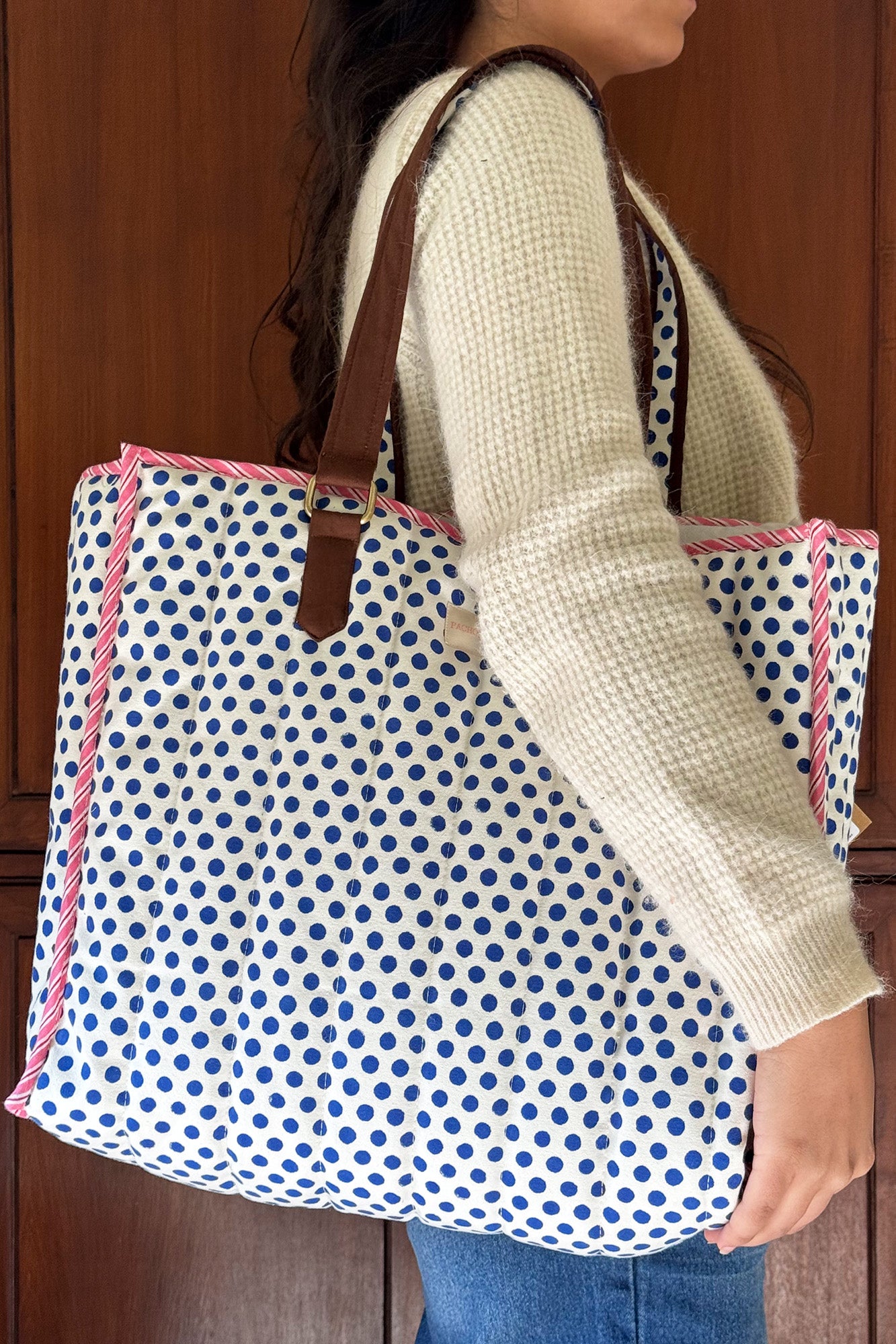 Blue Dots Quilted Reversible Tote Bag
