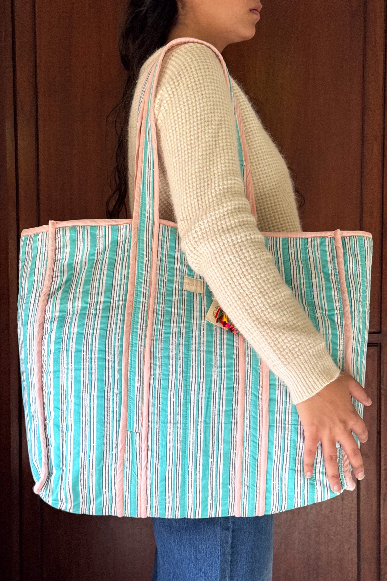 Aqua Striped Quilted Reversible Tote Bag