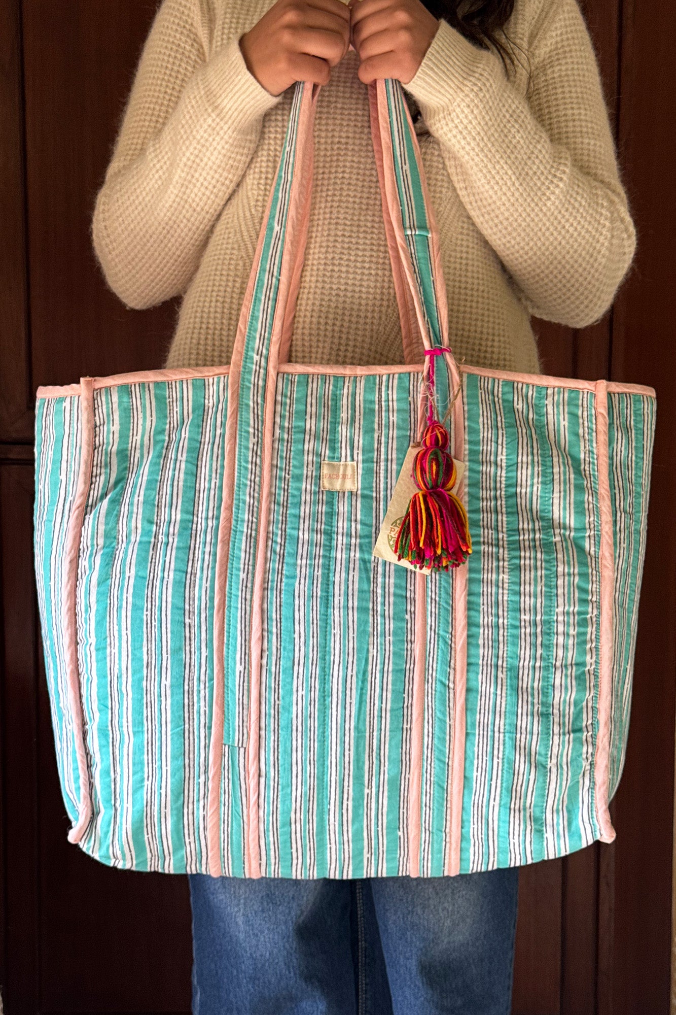 Aqua Striped Quilted Reversible Tote Bag