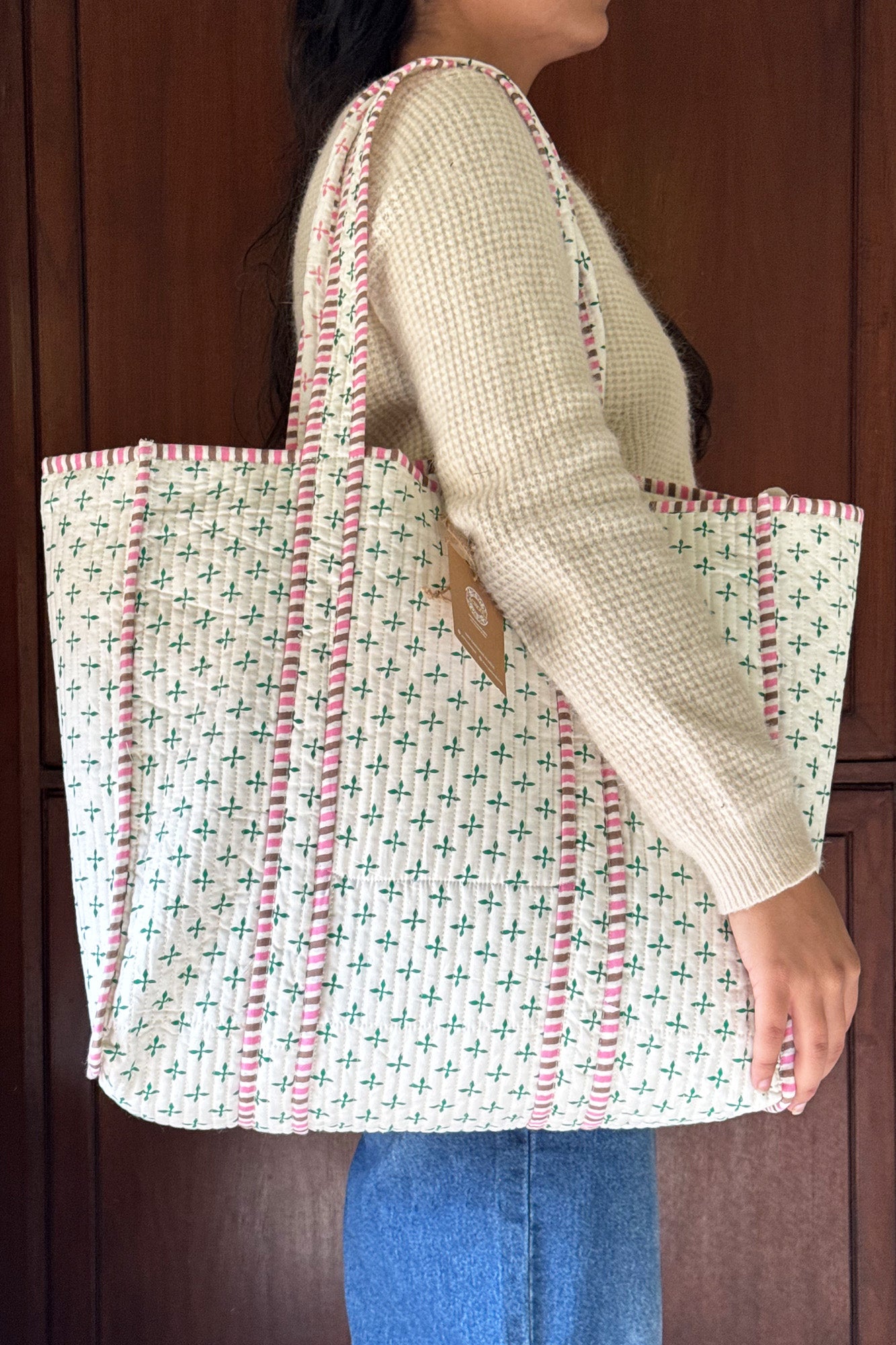 Mosaic Tile Green Quilted Reversible Tote Bag
