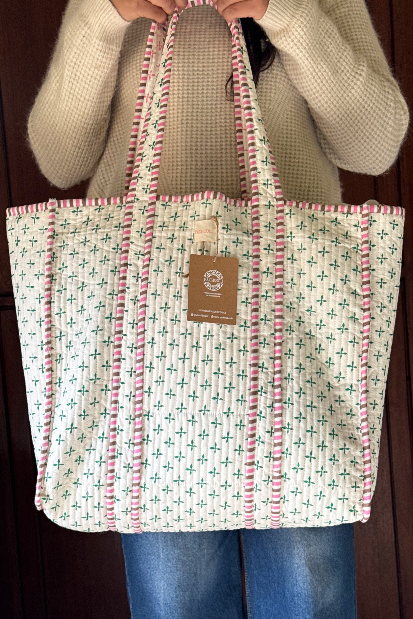 Mosaic Tile Green Quilted Reversible Tote Bag