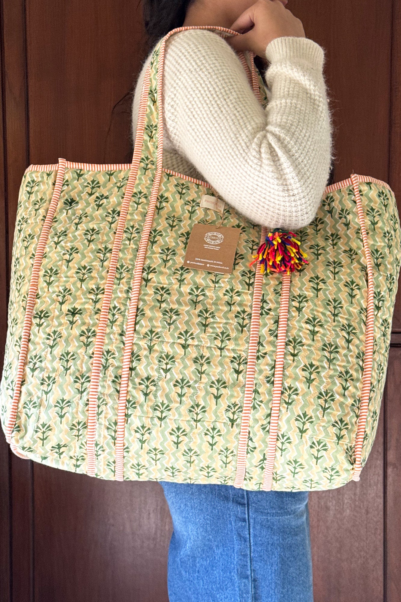 Green Motifs Quilted Reversible Tote Bag