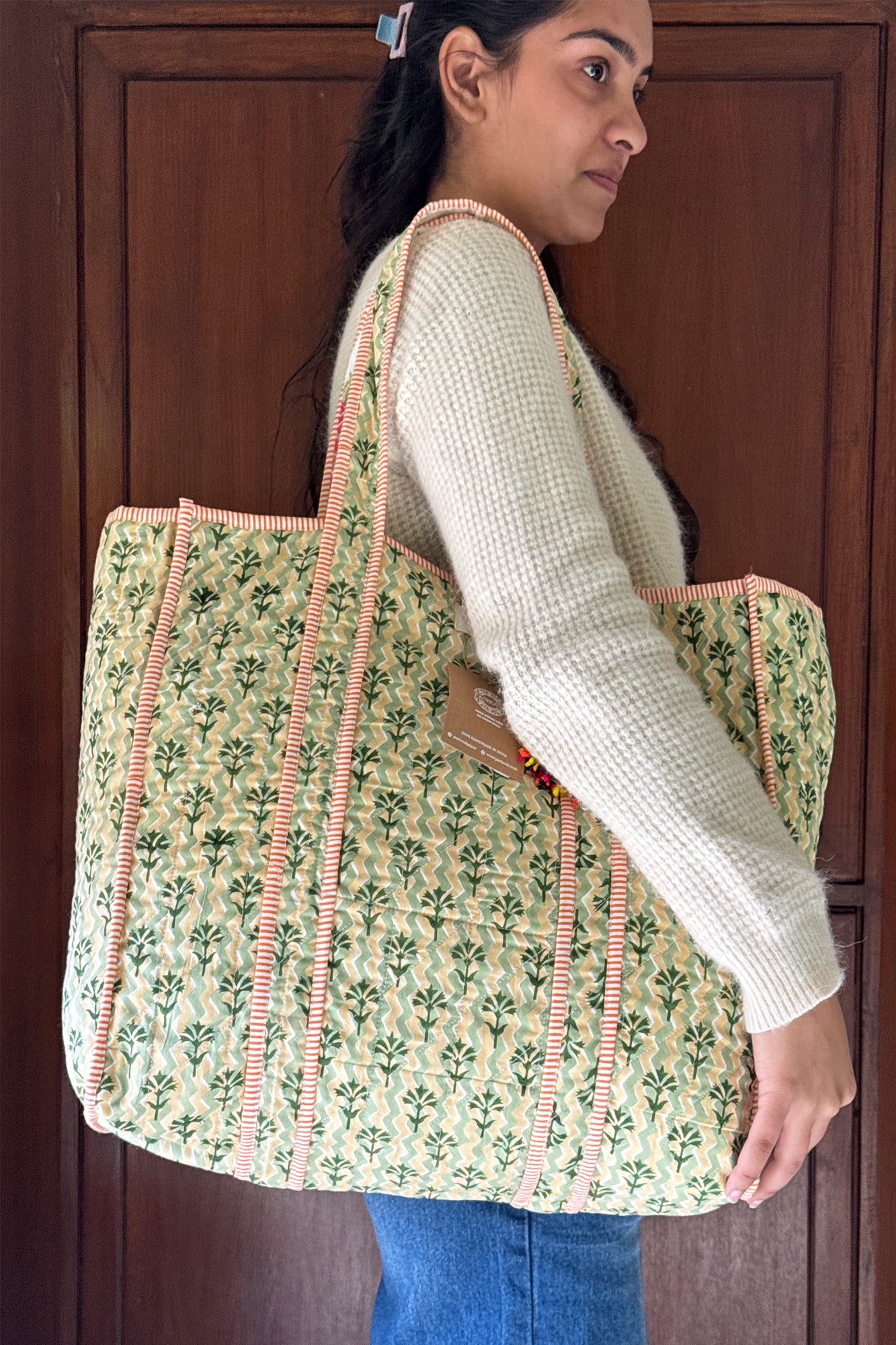 Green Motifs Quilted Reversible Tote Bag