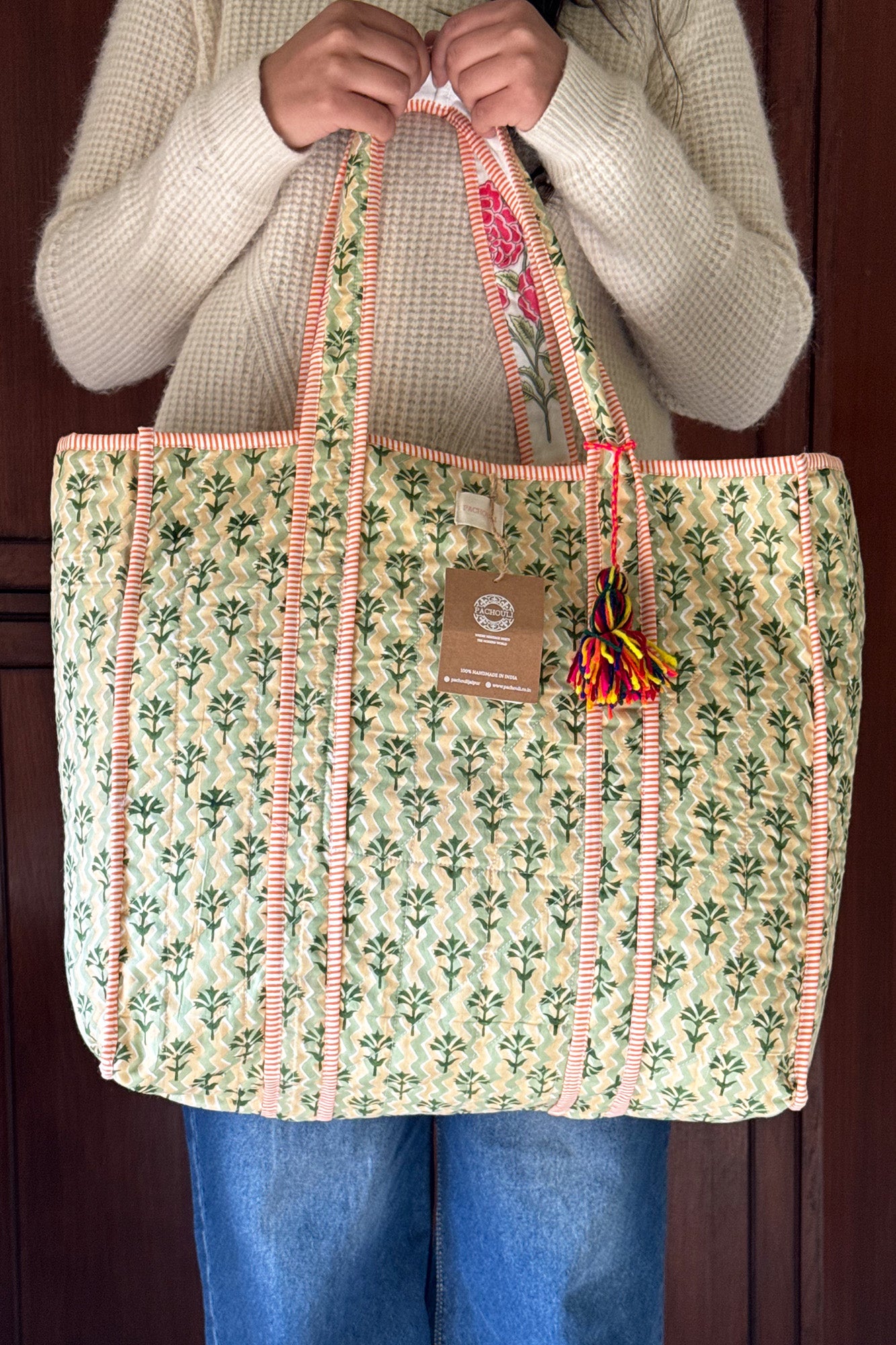 Green Motifs Quilted Reversible Tote Bag