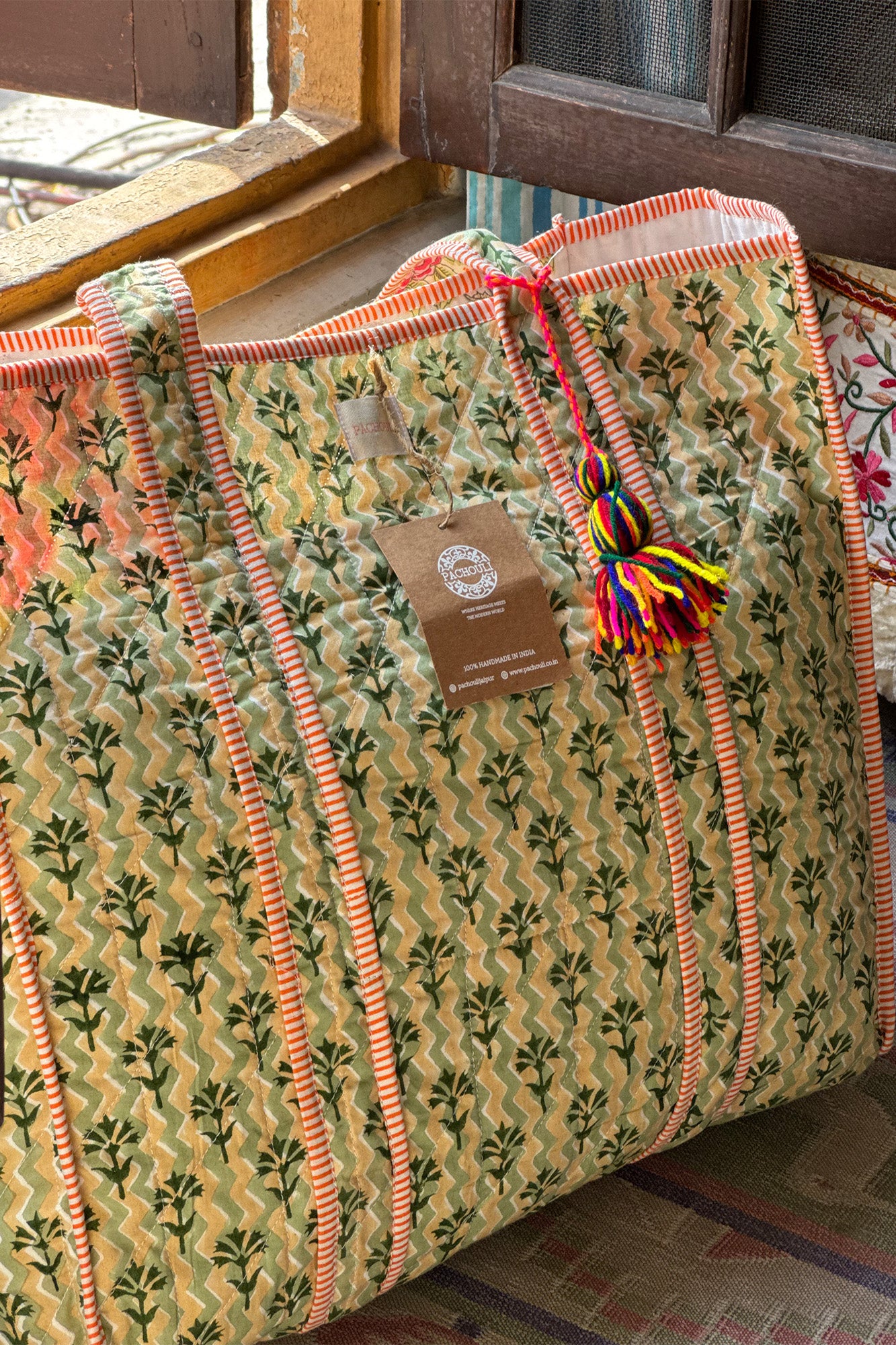 Green Motifs Quilted Reversible Tote Bag