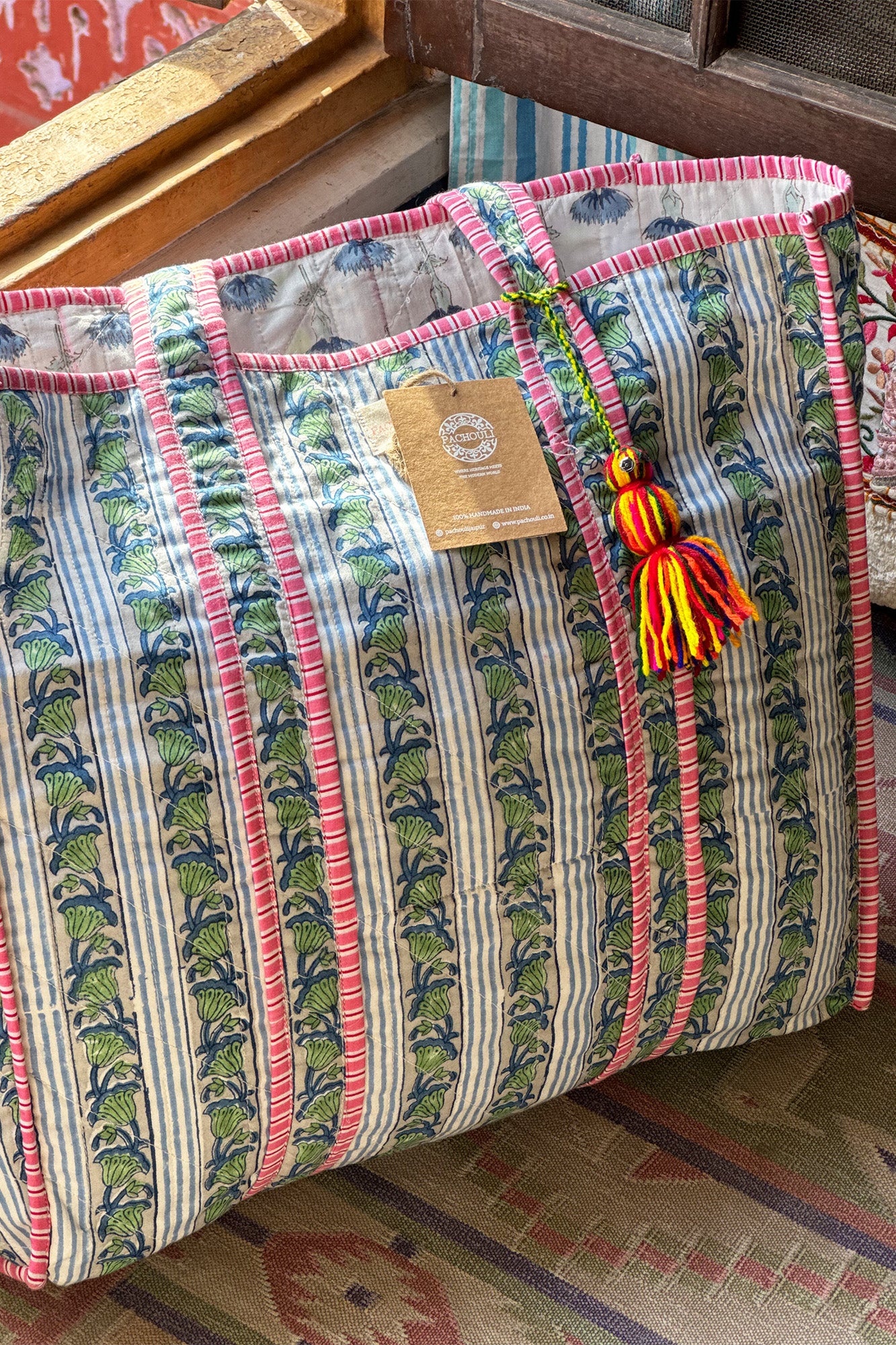 Green Periwinkle Quilted Reversible Tote Bag