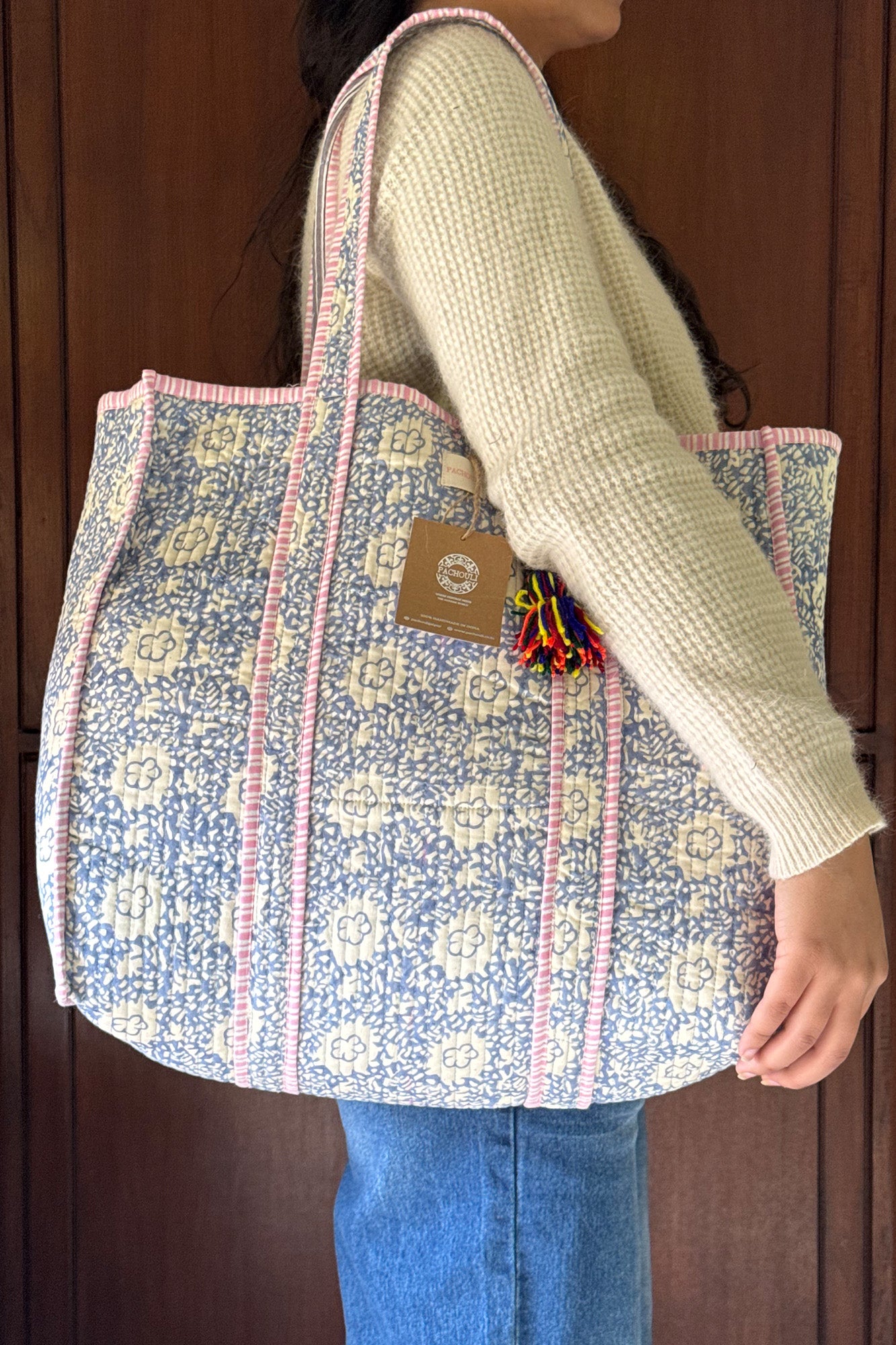 Grey Blossom Quilted Reversible Tote Bag