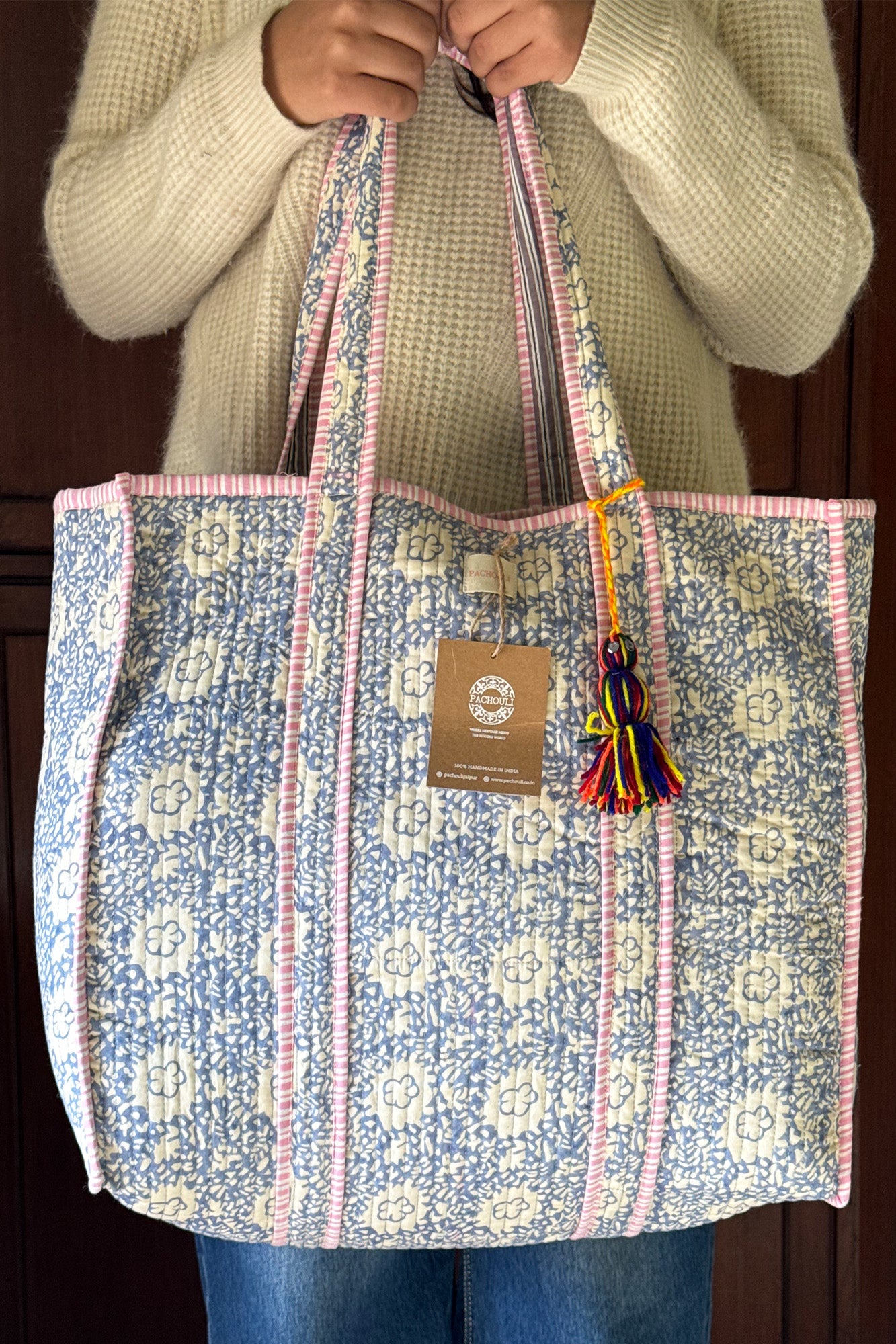 Grey Blossom Quilted Reversible Tote Bag