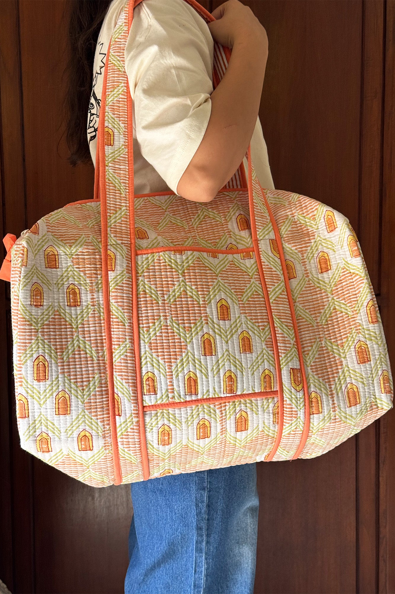 Peach Geometric Duffle Bag