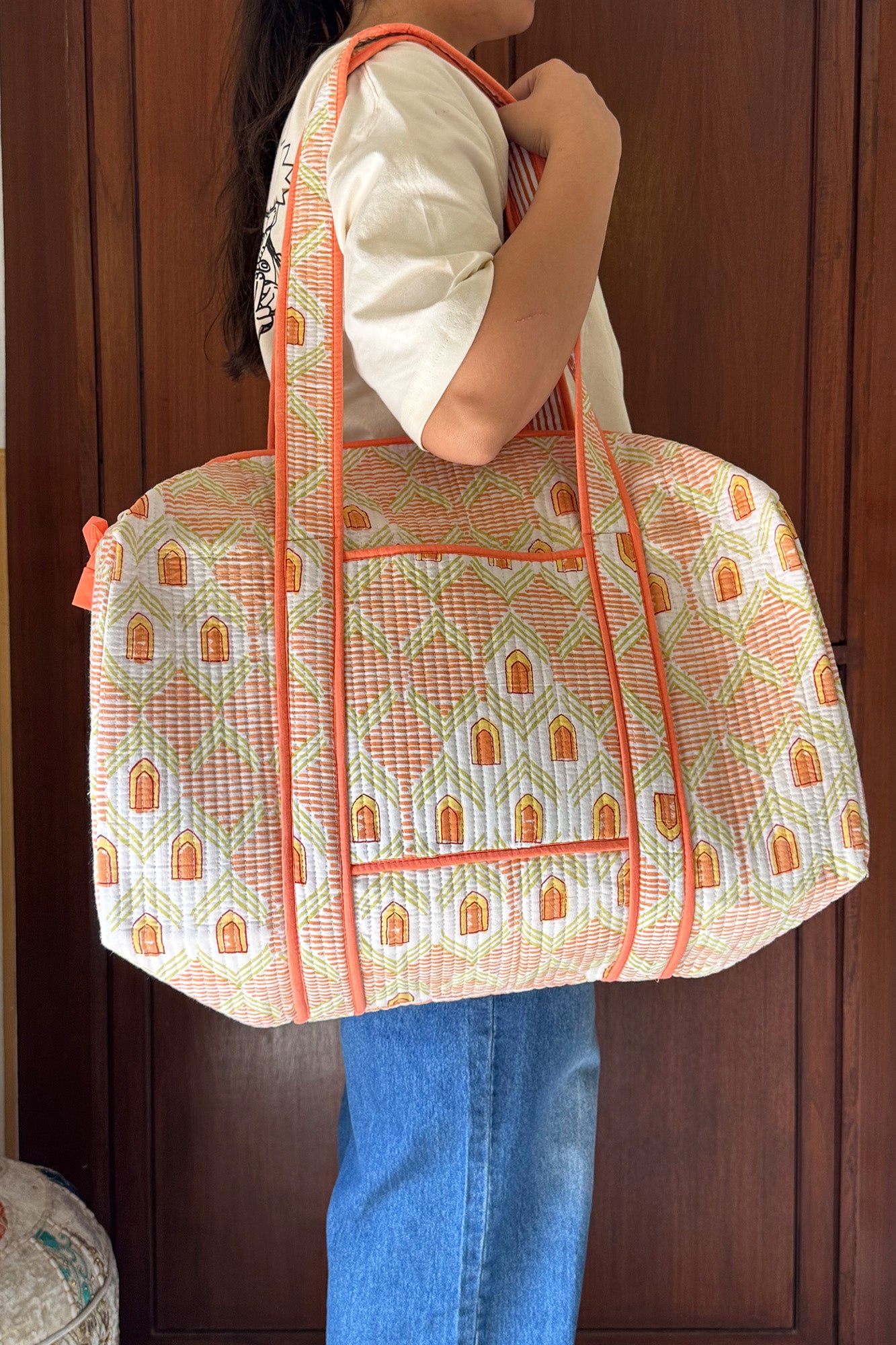 Peach Geometric Duffle Bag