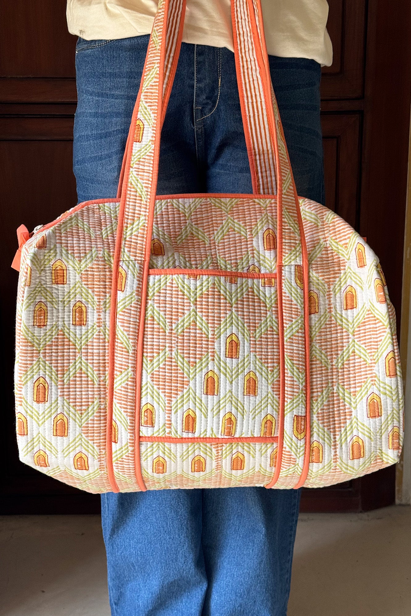 Peach Geometric Duffle Bag