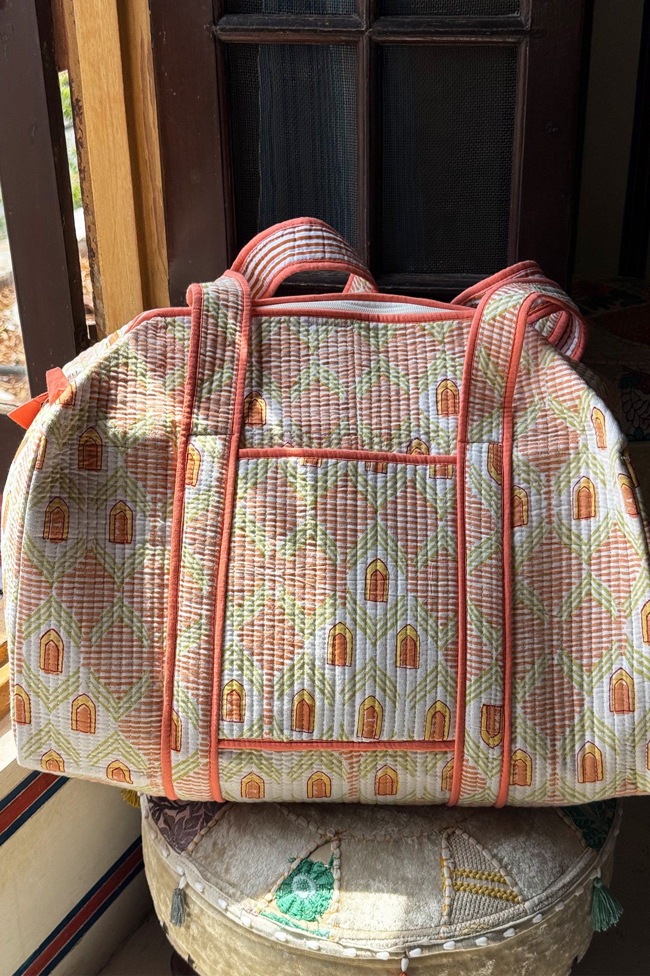 Peach Geometric Duffle Bag