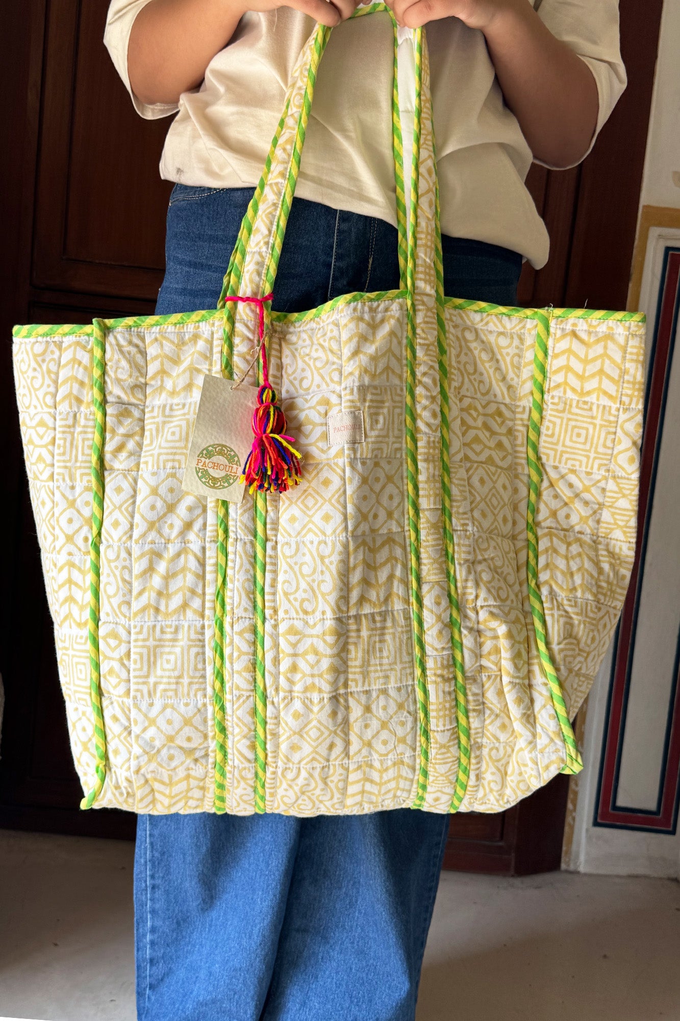 Beige Geometrical Tote Bag